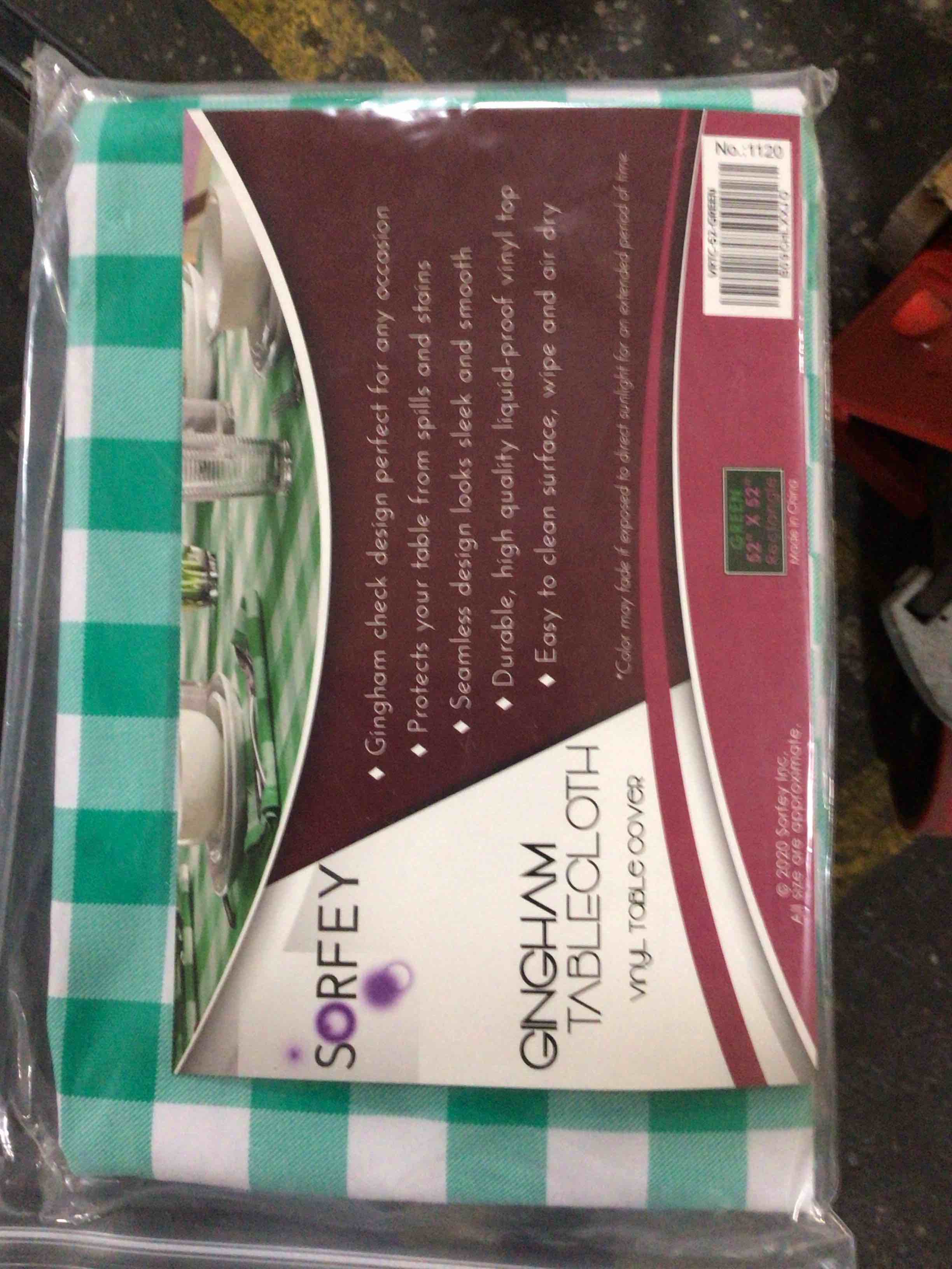 Condition photo showing Brand New for sorfey tablecloth - vinyl with flannel back, 52"x52" square, water proof, easy to clean, checked green design