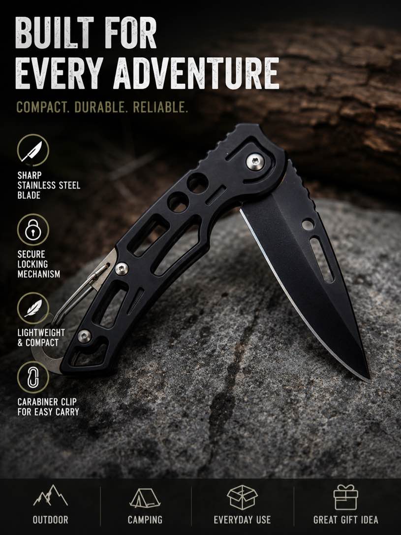 Compact, lightweight folding pocket knife featuring a sharp black stainless steel blade, secure locking mechanism, and built-in carabiner clip—perfect for everyday carry, camping, hiking, and outdoor adventures.