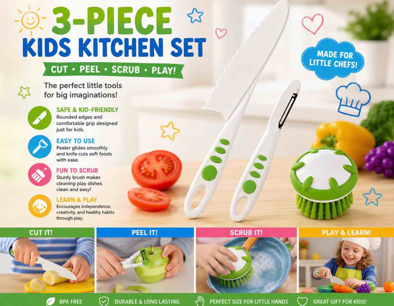 curious chef 3 piece fruit and veggie prep set real cooking for kids