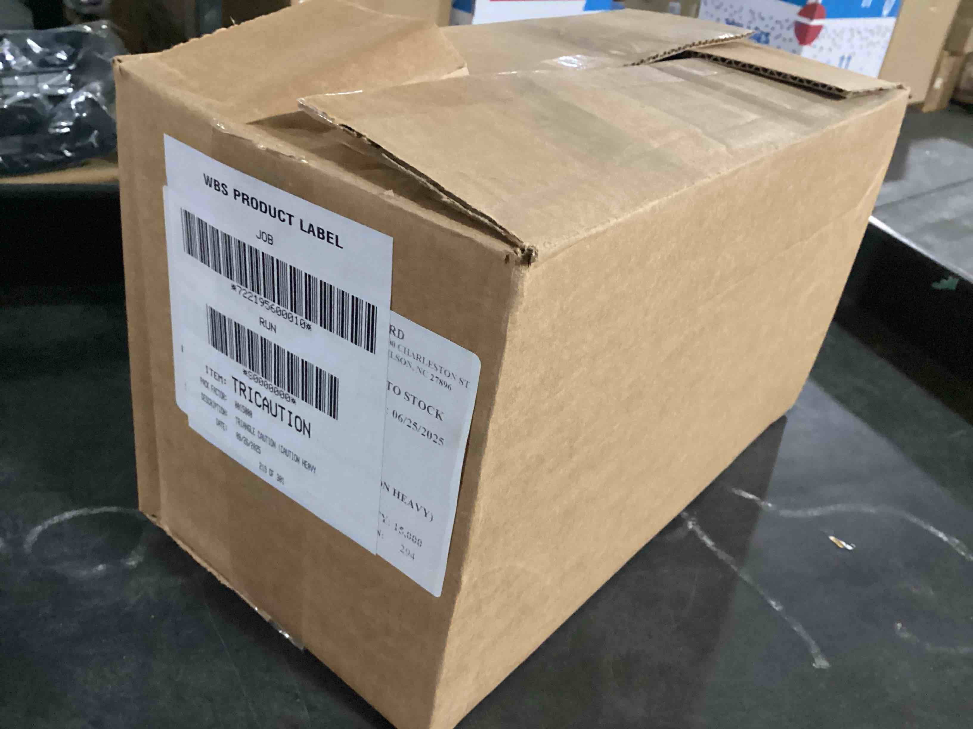 Condition photo showing New/Like New for case of 6 caution heavy box sticker rolls