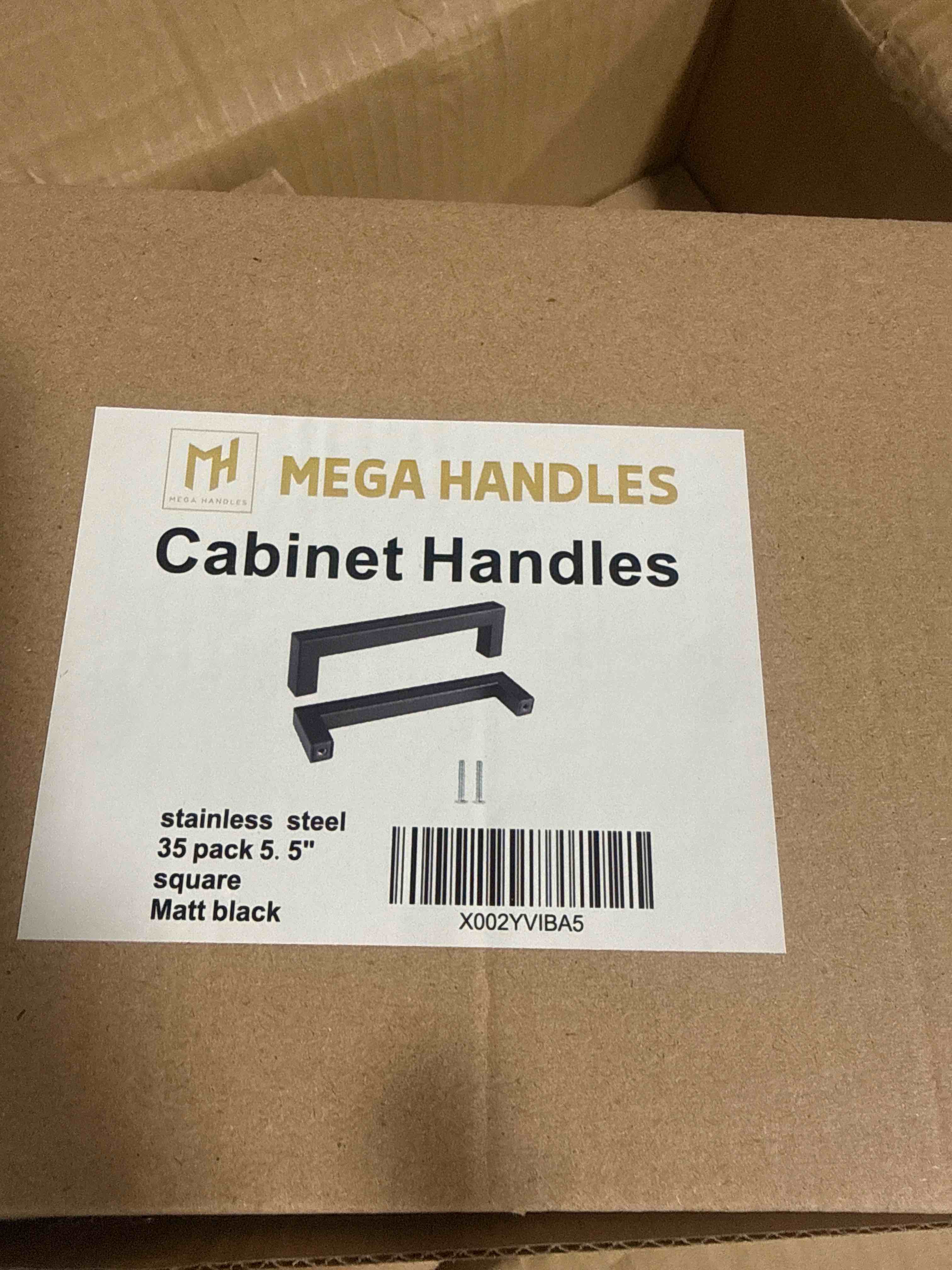 Condition photo showing New/Like New for 35 pack of 5.5 inches stainless steel square matt black cabinet handles.