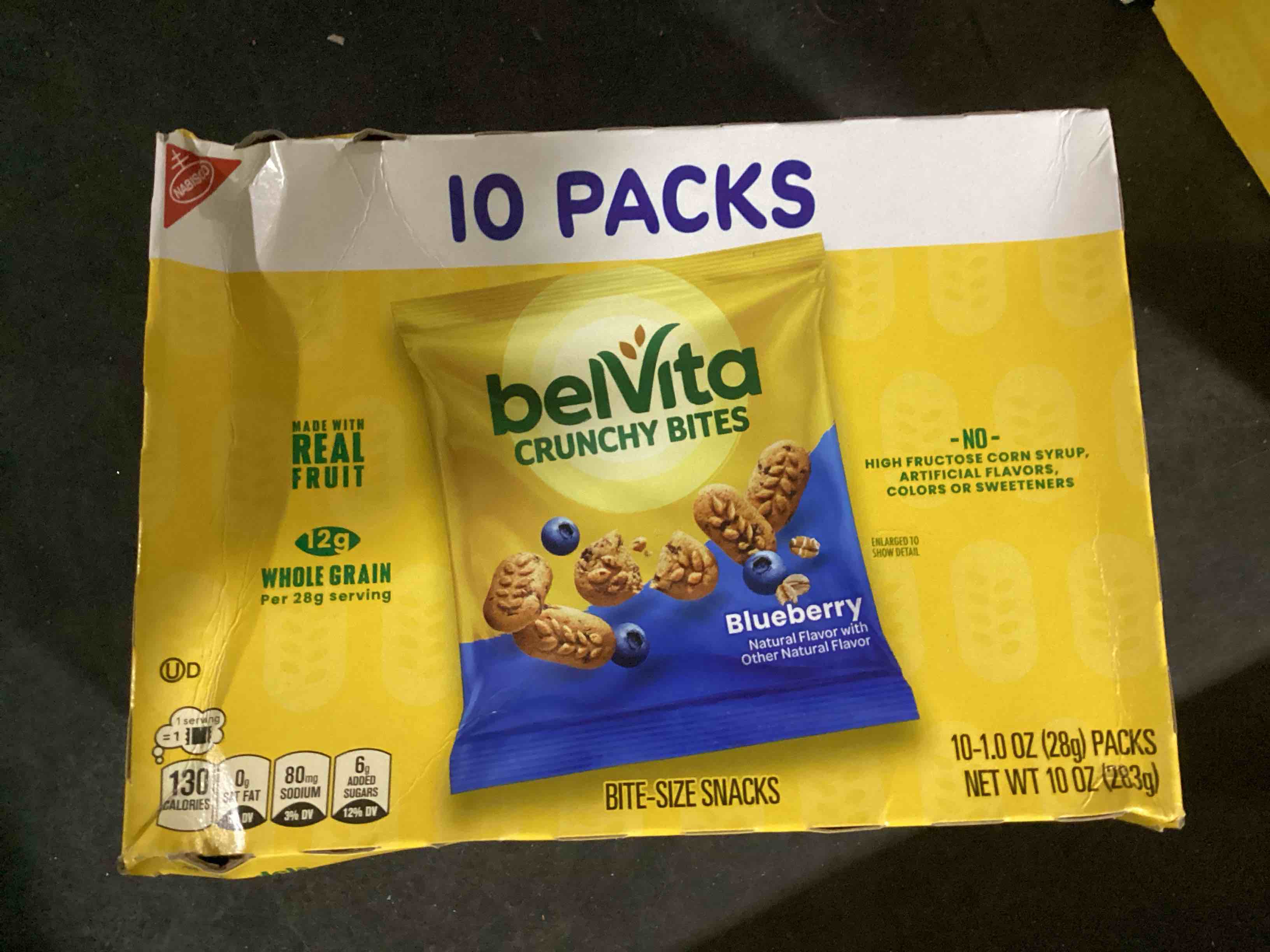 Condition photo showing New/Like New for belvita bite size snacks, blueberry crunchy bites, 10-1 oz snack packs (bb 10/10/26)