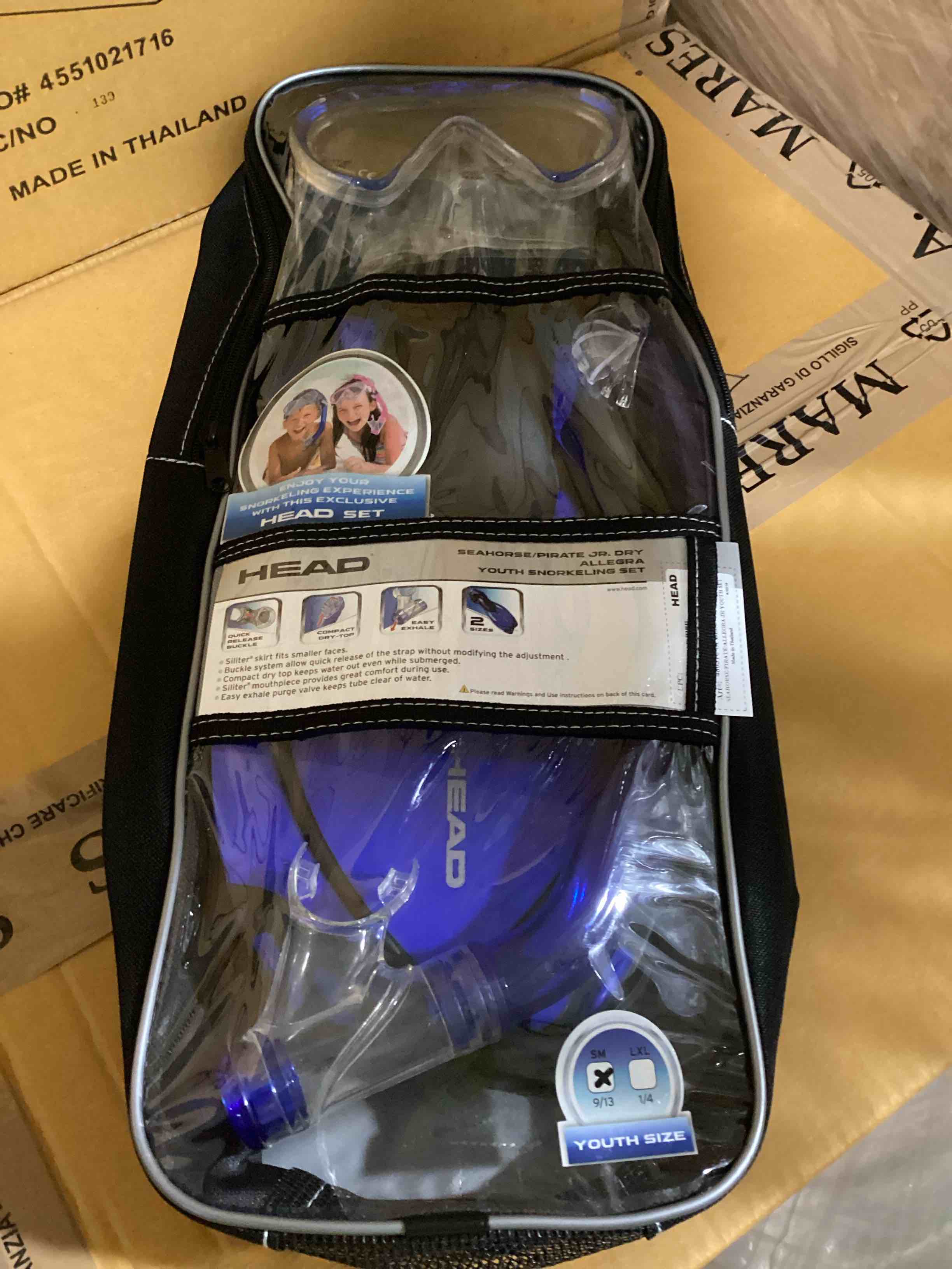 Condition photo showing New/Like New for size small youth 9/13 head 3-pc. seahorse pirate allegra junior snorkel set (blue)