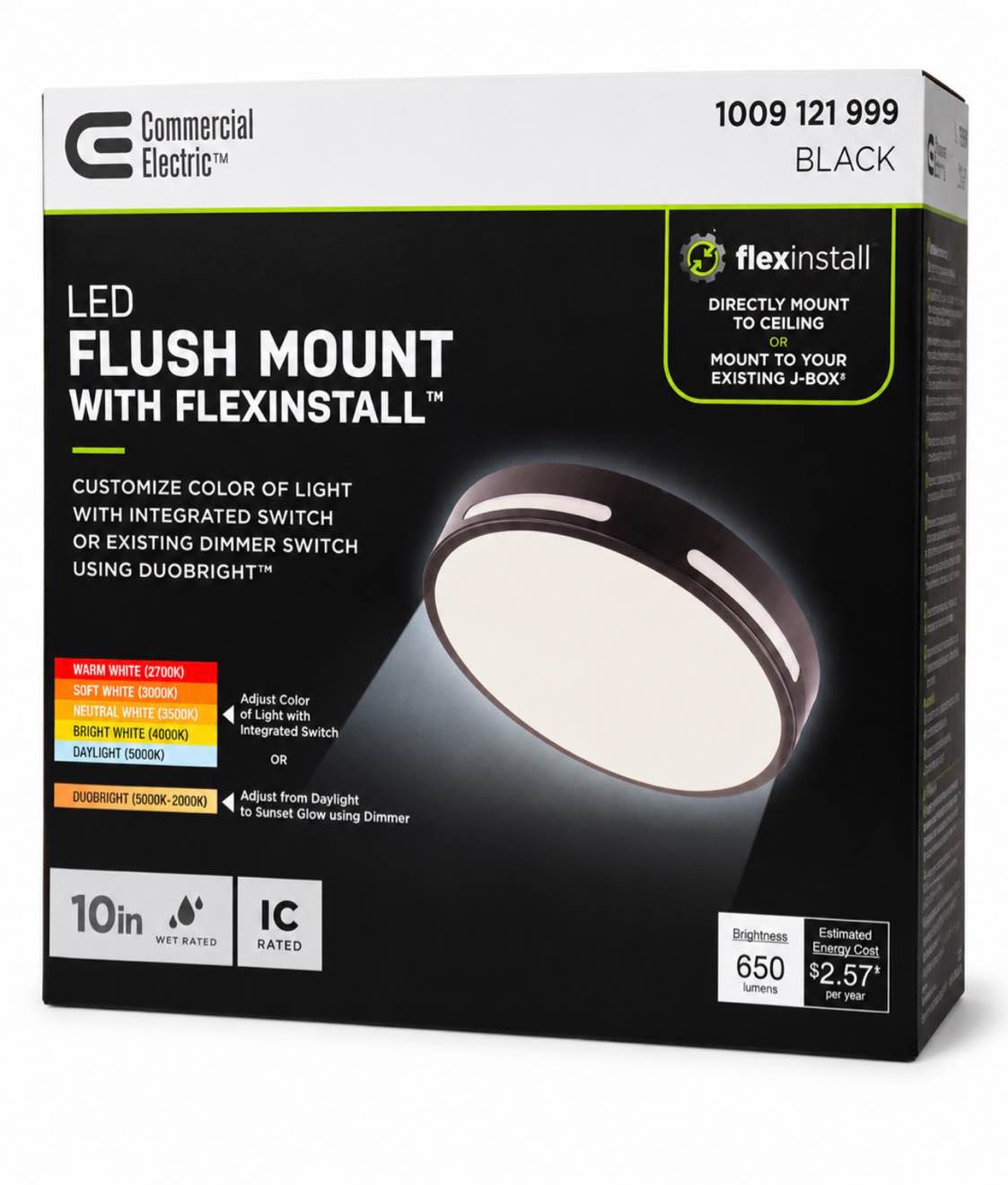 Commercial Electric Flexinstall 10 in. Matte Black Cut Out Integrated LED Flush Mount with 5CCT Plus DuoBright