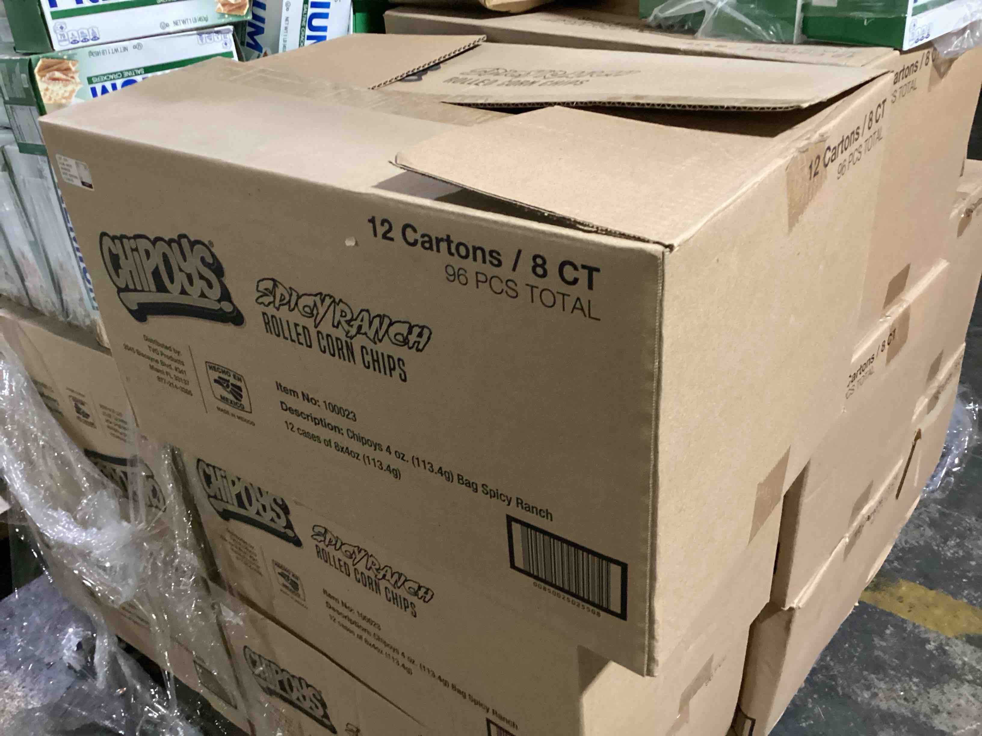 Condition photo showing New/Like New for case of 12 cartons of 8ct chipoys spicy ranch rolled corn chips (bb 11/8/25)