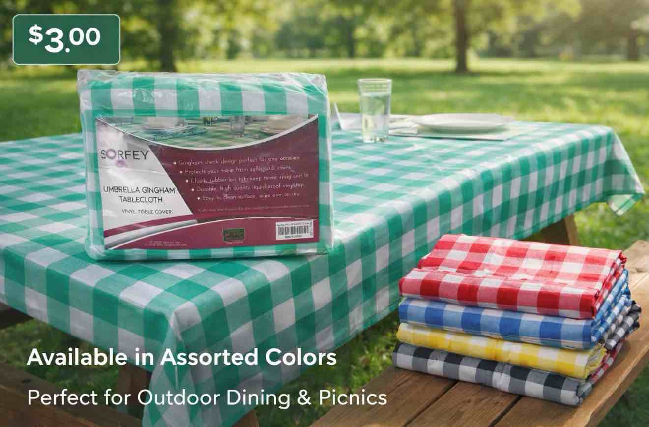 Condition photo showing New/Like New for sorfey tablecloth - vinyl with flannel back, 52"x52" square, water proof, easy to clean, checked green design