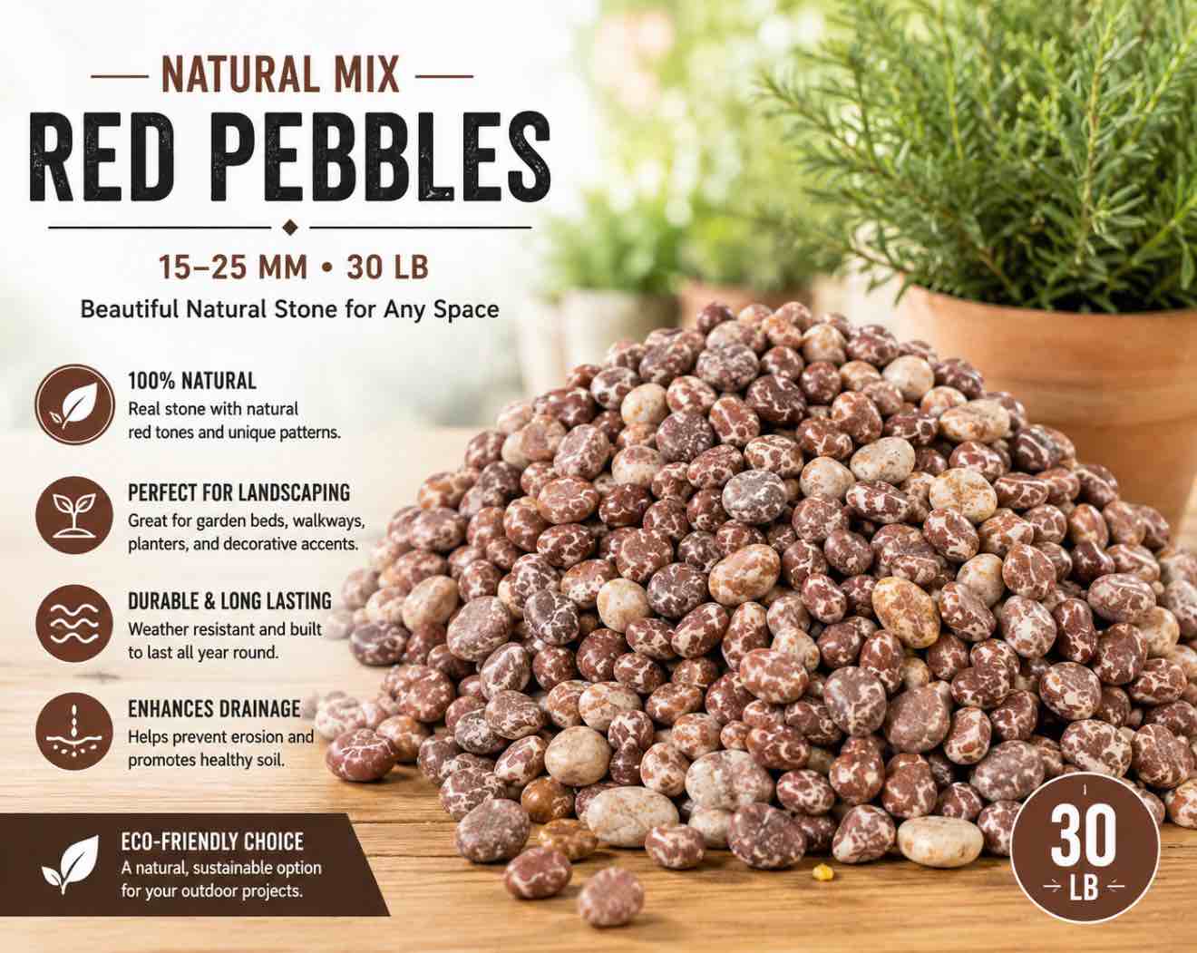 koltose by mash - red pebbles .5”-1” inch natural unpolished stones 30 lbs