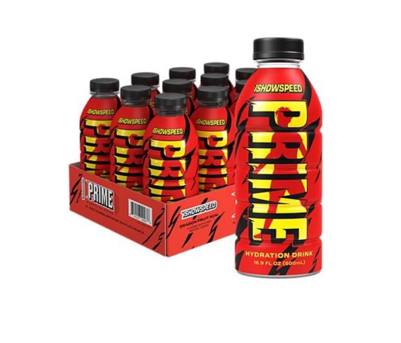 limited edition ishowspeed dragon fruit acai prime hydration case (12 bottles - 16.9 fl oz each) bb 4/2026