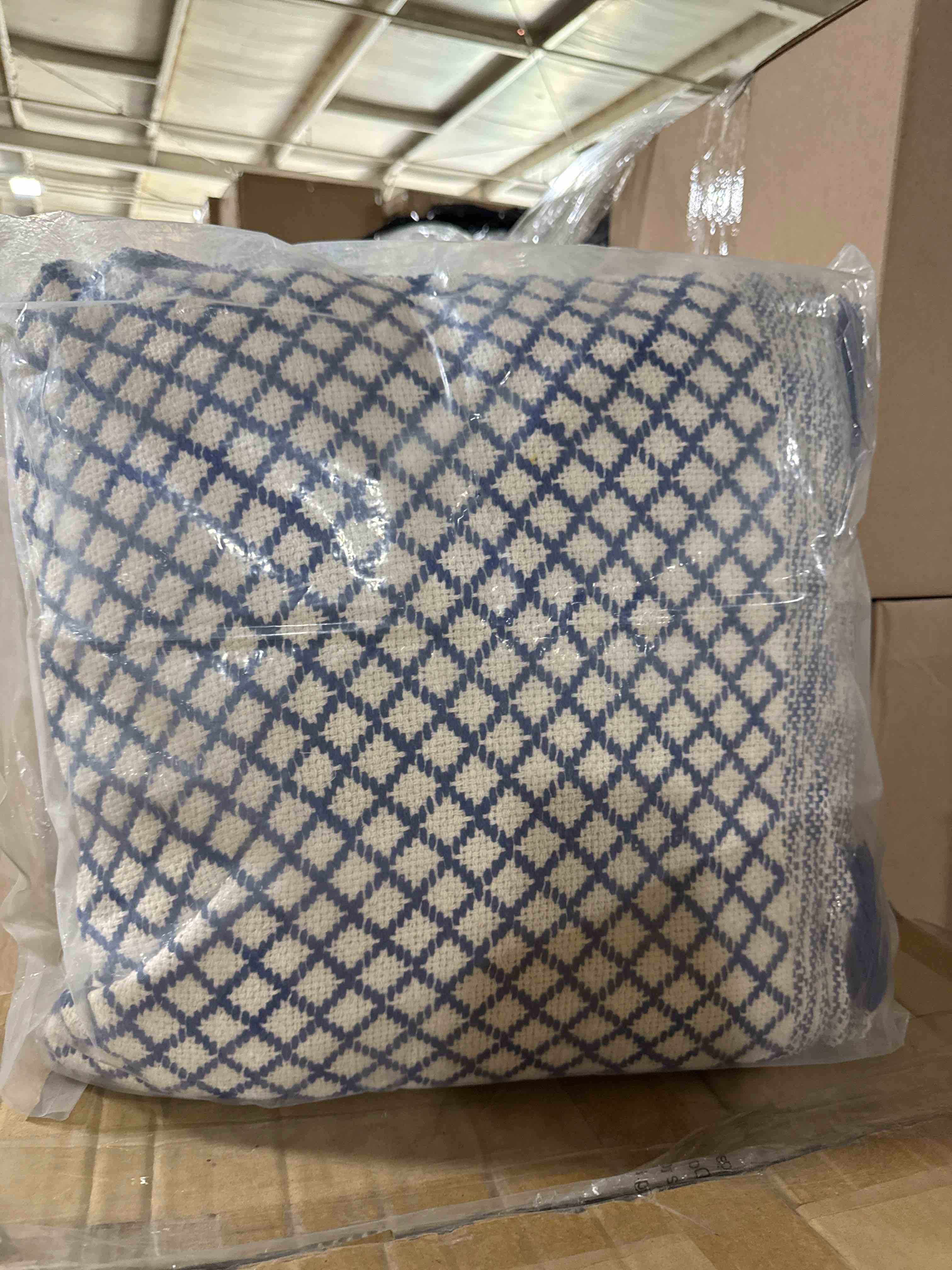 Condition photo showing New/Like New for mina victory life styles latice with tassels 18 x18  blue indoor throw pillow