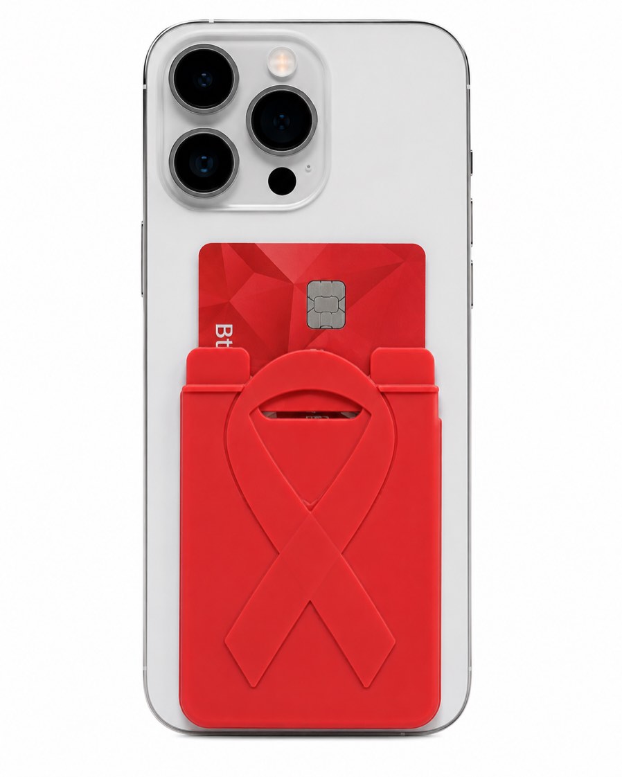 (case of 100) silicone phone wallet featuring an embossed awareness ribbon that securely sticks to the back of your phone to conveniently hold one credit card or id.