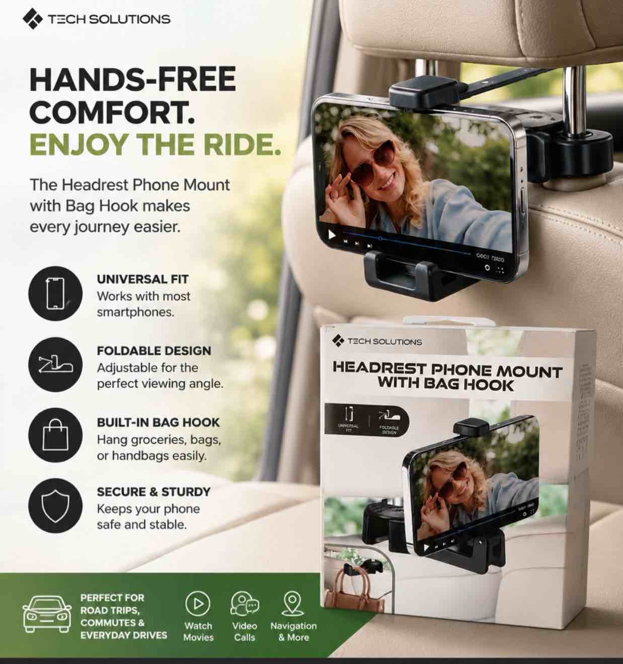headrest phone mount with bag hook