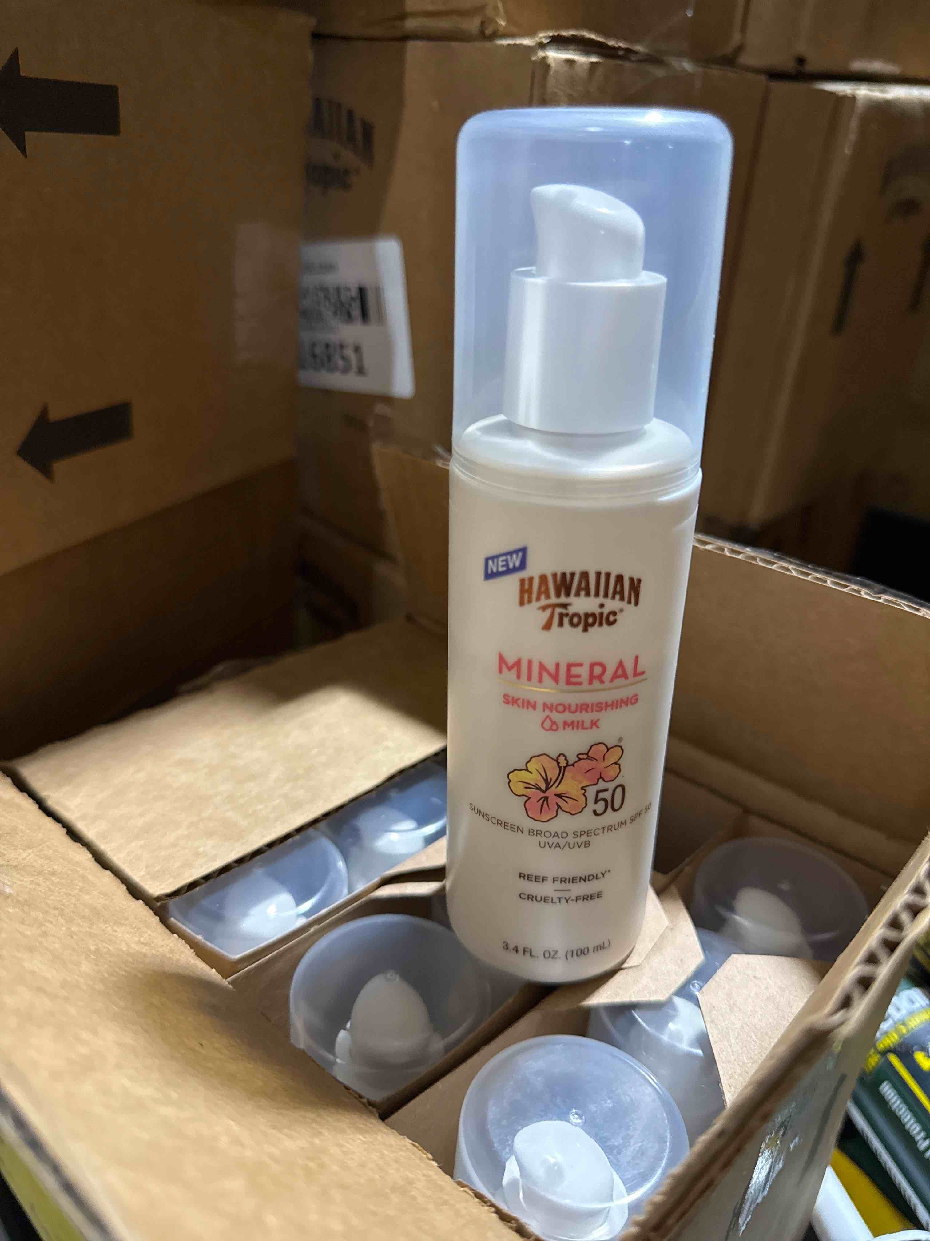 Condition photo showing As Is for case of 12 hawaiian tropic skin nourishing milk mineral sunscreen lotion spf 50, 3.4oz | travel size sunscreen zinc oxide, sun milk, mineral sunblock spf 50, oxybenzone-free, 3.4oz exp 1/2025