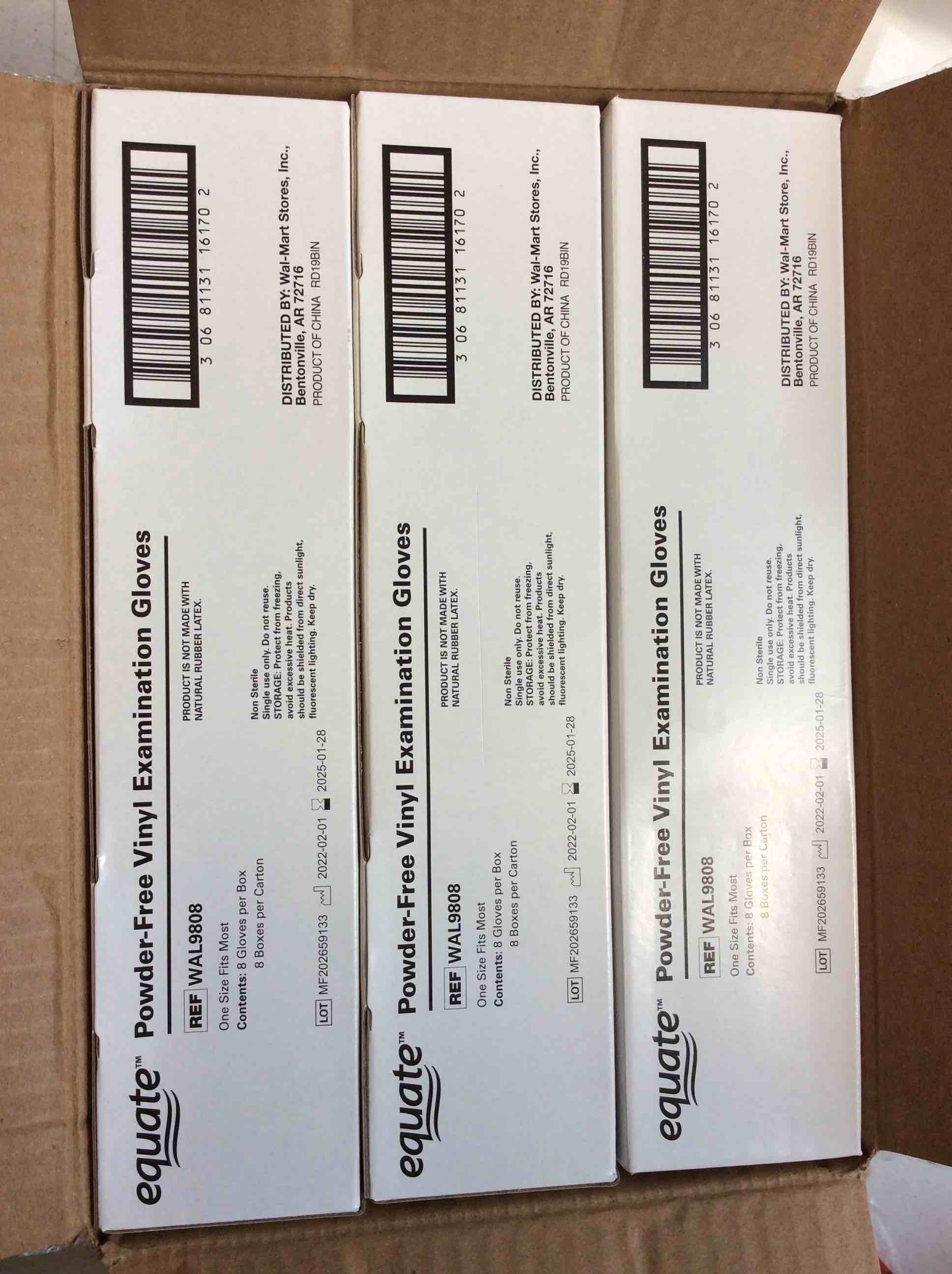 Condition photo showing New/Like New for case of 24 equate vinyl examination gloves one size, 8ct box