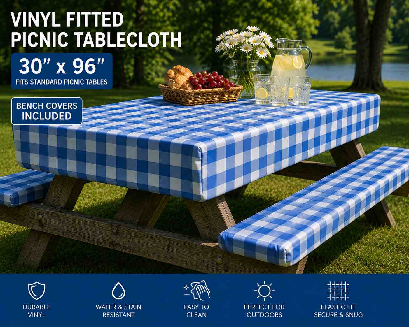 sorfey vinyl umbrella picnic table and bench fitted tablecloth cover, checkered design, flannel backed lining, 30x96 inch, 3-piece set, blue