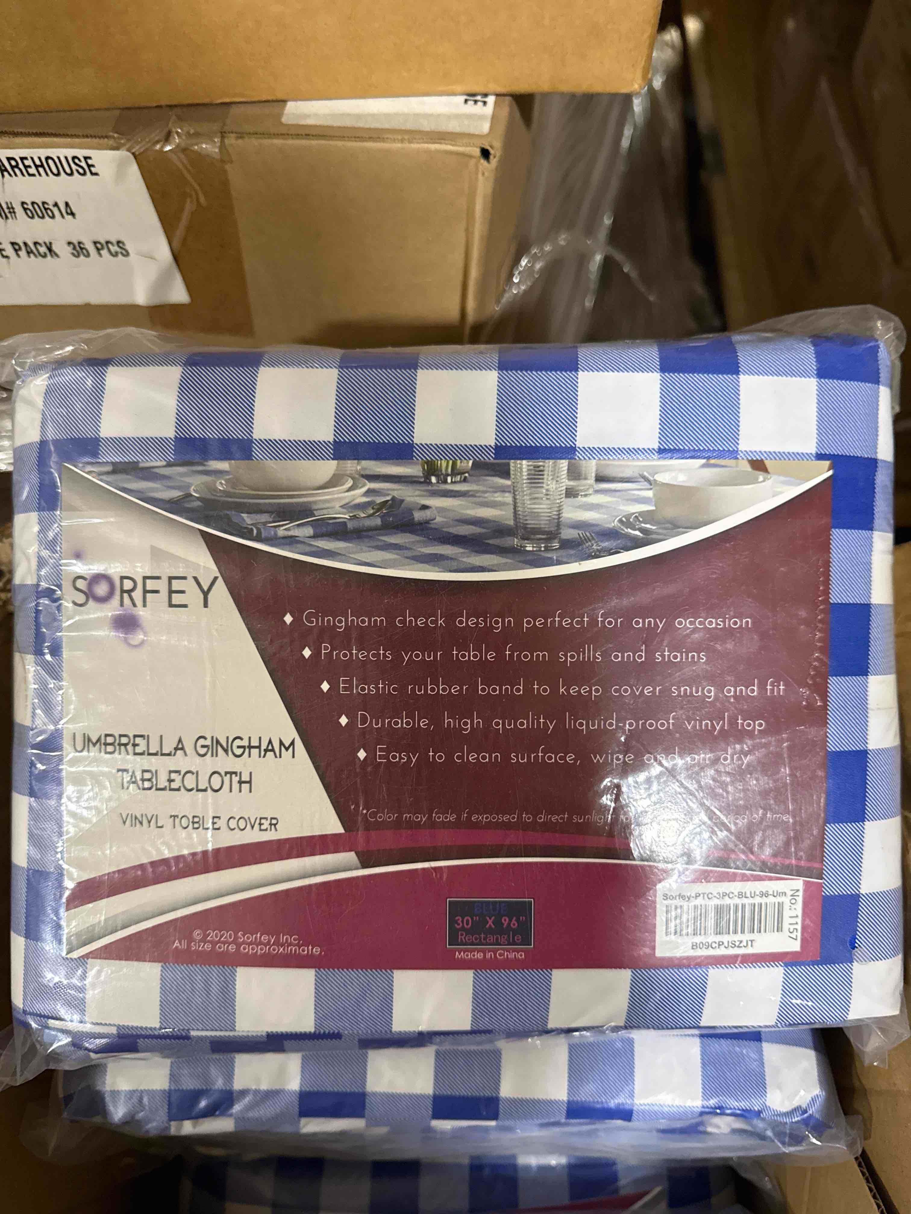 Condition photo showing New/Like New for sorfey vinyl umbrella picnic table and bench fitted tablecloth cover, checkered design, flannel backed lining, 30x96 inch, 3-piece set, blue