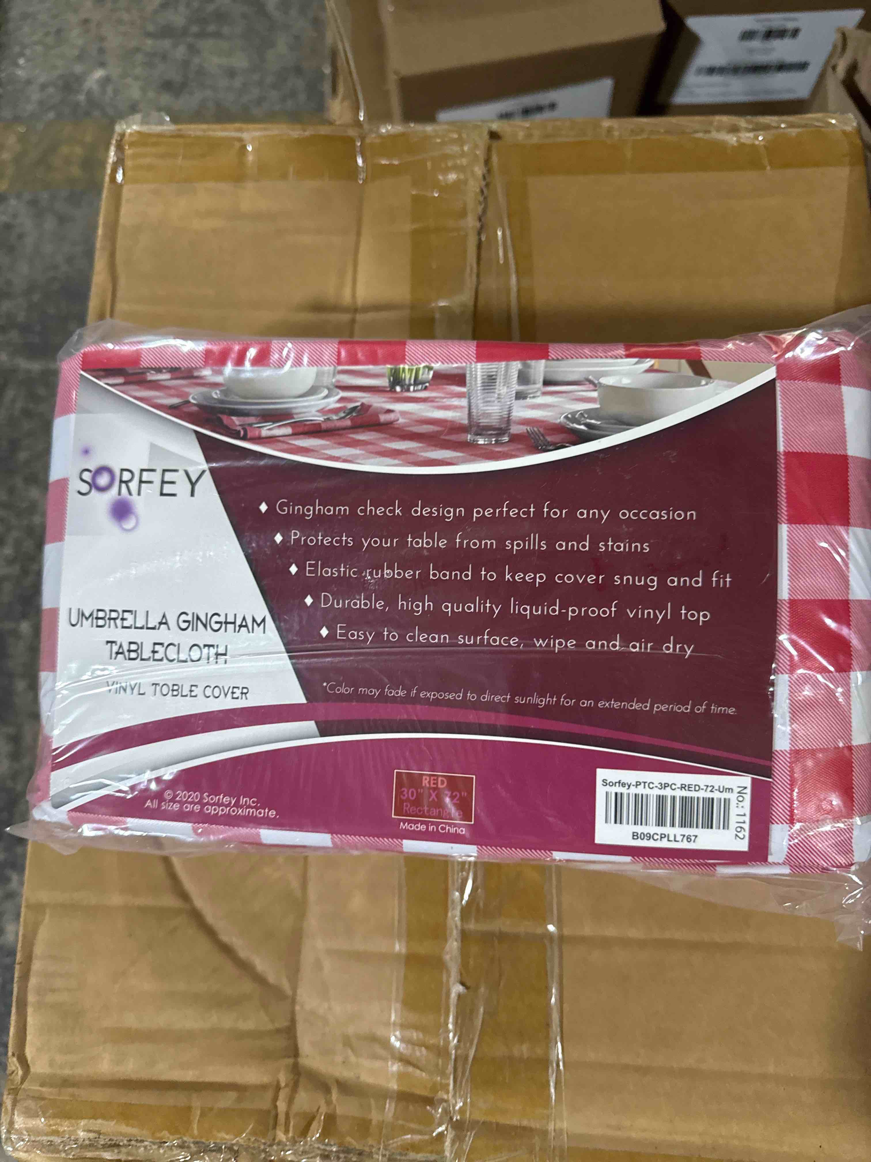 Condition photo showing New/Like New for sorfey vinyl umbrella picnic table and bench fitted tablecloth cover, checkered design, flannel backed lining, 30x72 inch, 3-piece set, red