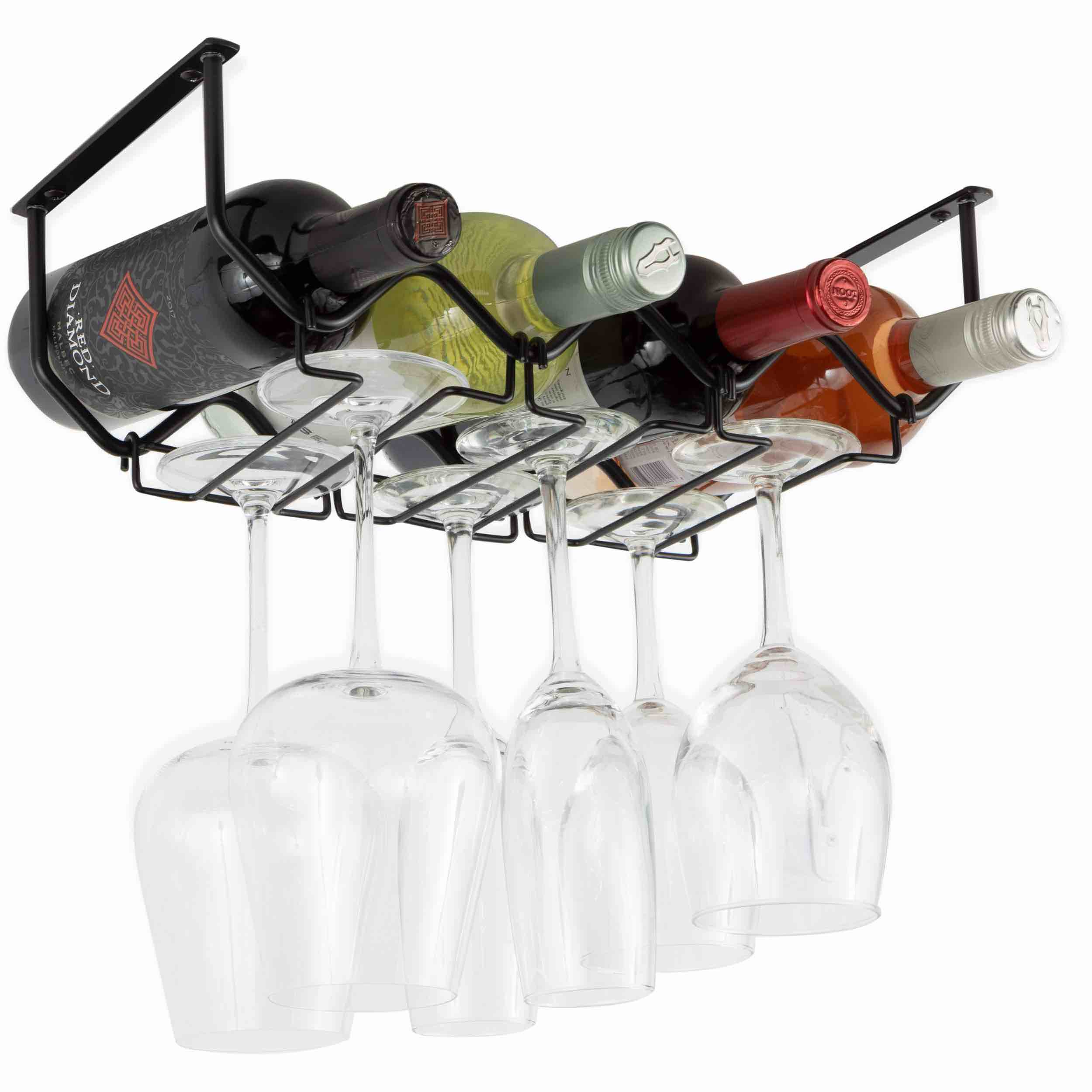 Condition photo showing Brand New for under cabinet 4 wine bottle and glass rack, metal black