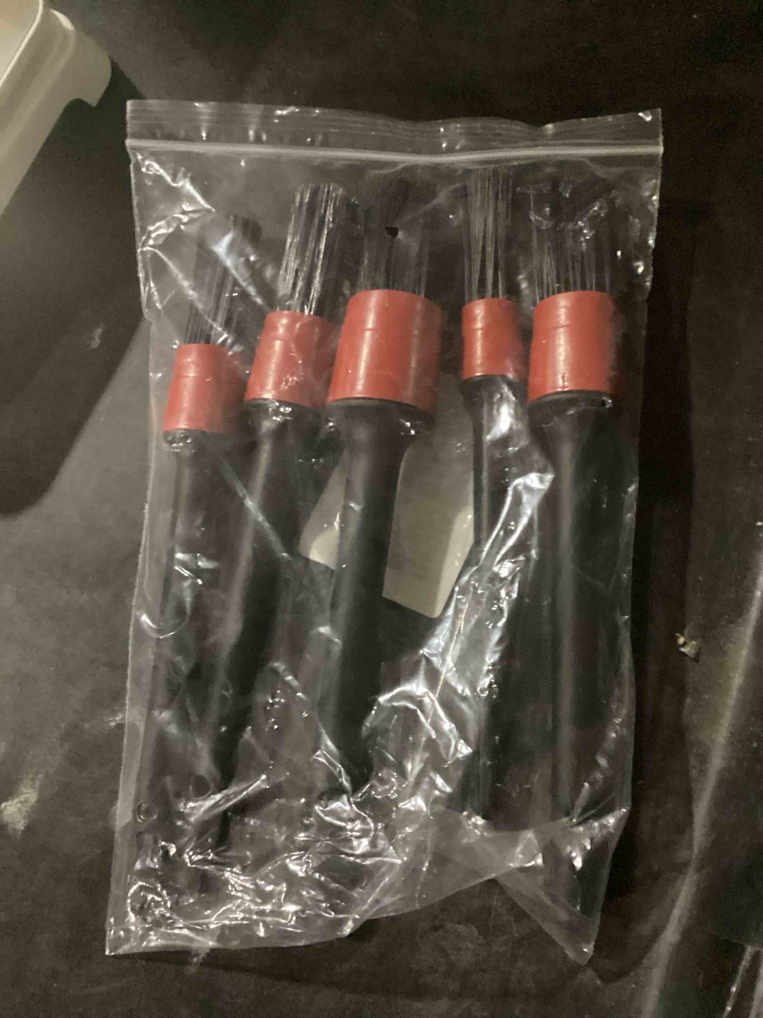 Condition photo showing New/Like New for detailing brush set -5 different sizes premium natural boar hair mixed fiber plastic handle automotive detail brushes for cleaning wheels, engine, interior, air vents, car, motorcycle