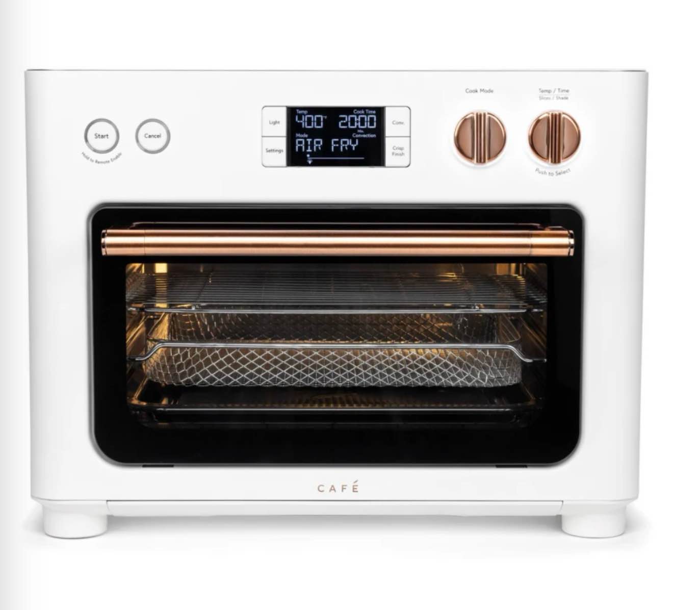 Condition photo showing Good Condition for 19 inch smart countertop oven with 0.8 cu. ft capacity, 14 cooking modes, air fry, crisp finish setting, 6 quartz heating elements, wi-fi, and controls & lcd display: matte white
