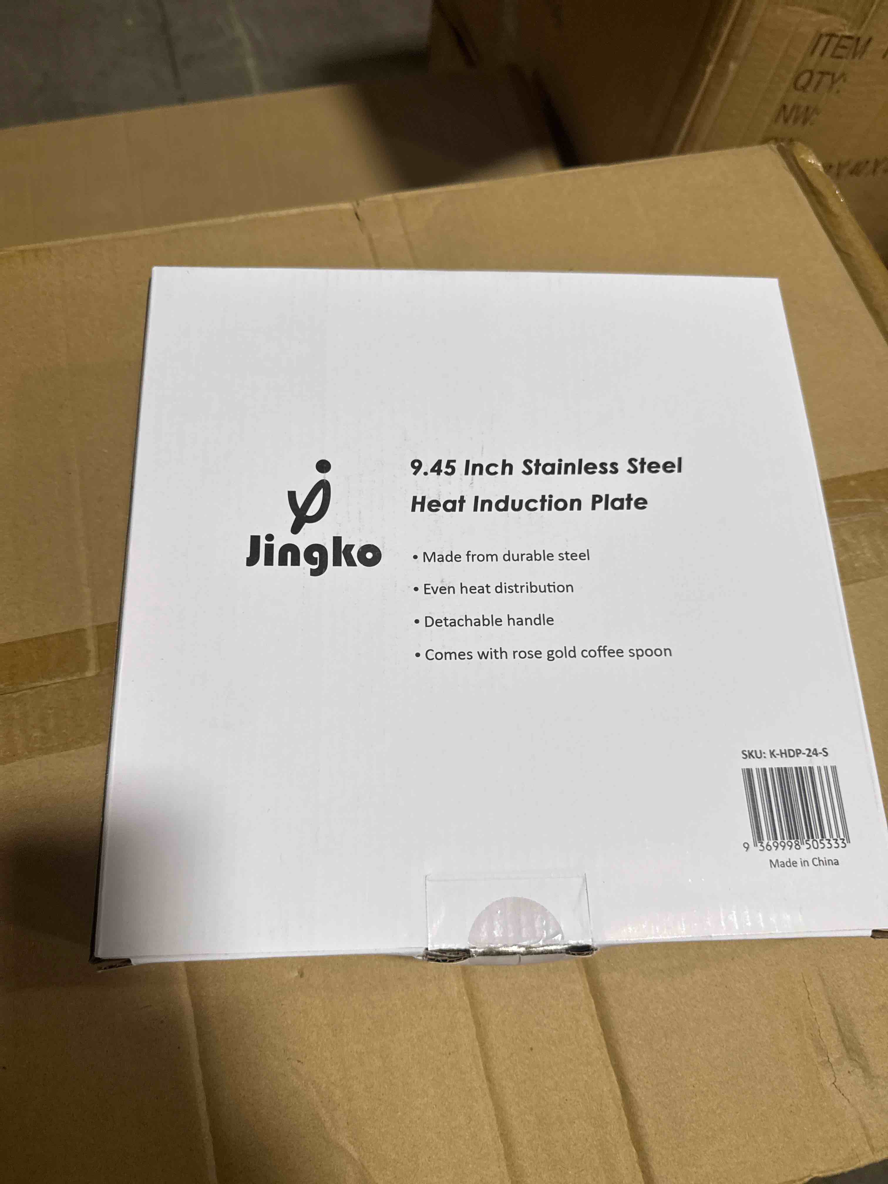 Condition photo showing Brand New for 9.45 inch stainless steel steel heat induction plate includes a gold coffee spoon