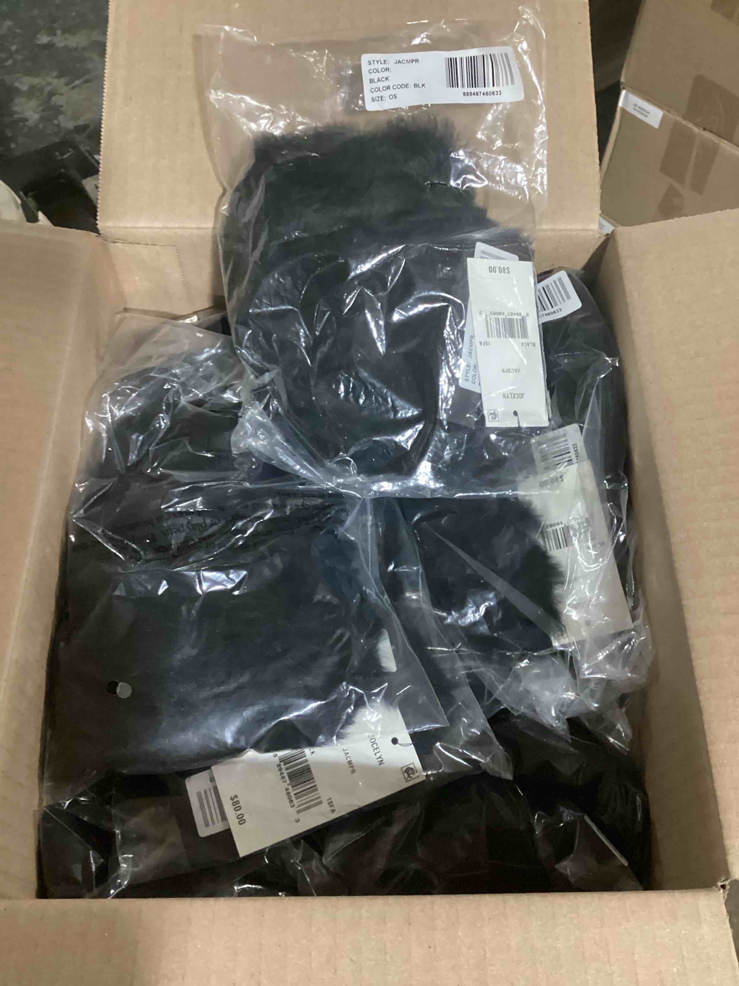Condition photo showing New/Like New for case of 24 women's jocelyn mandy genuine rabbit fur open top mittens, size one size - black