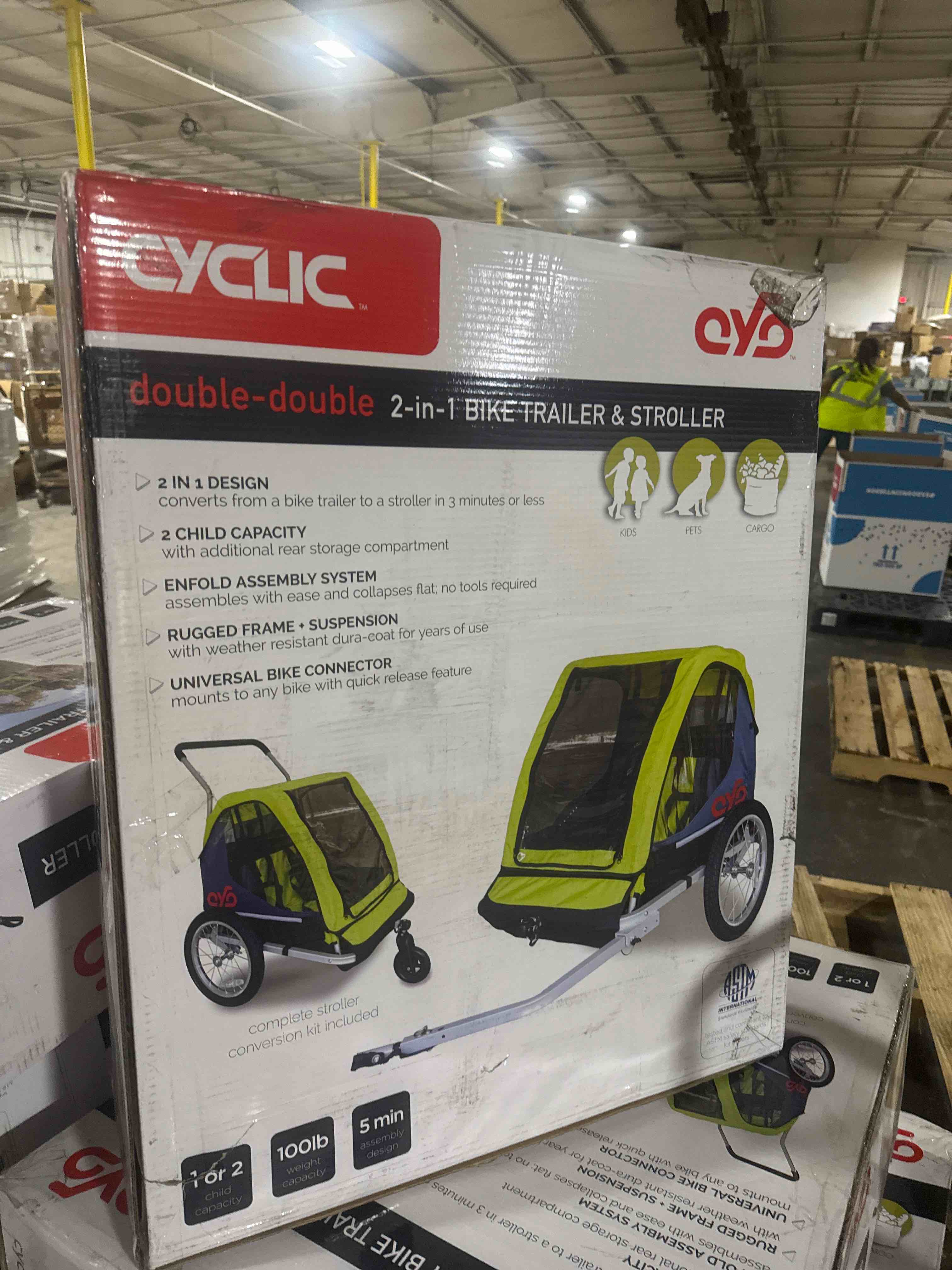 Condition photo showing New/Like New for cyclic double 2 seat kids' bike trailer - gray/green