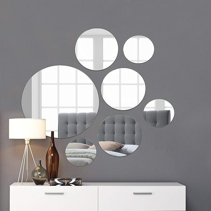 light in the dark large round mirror wall mounted assorted sizes (1x12”, 3x9”, 3x6”) - set of 7 round glass mirrors wall decoration for living room, bedroom or bathroom.