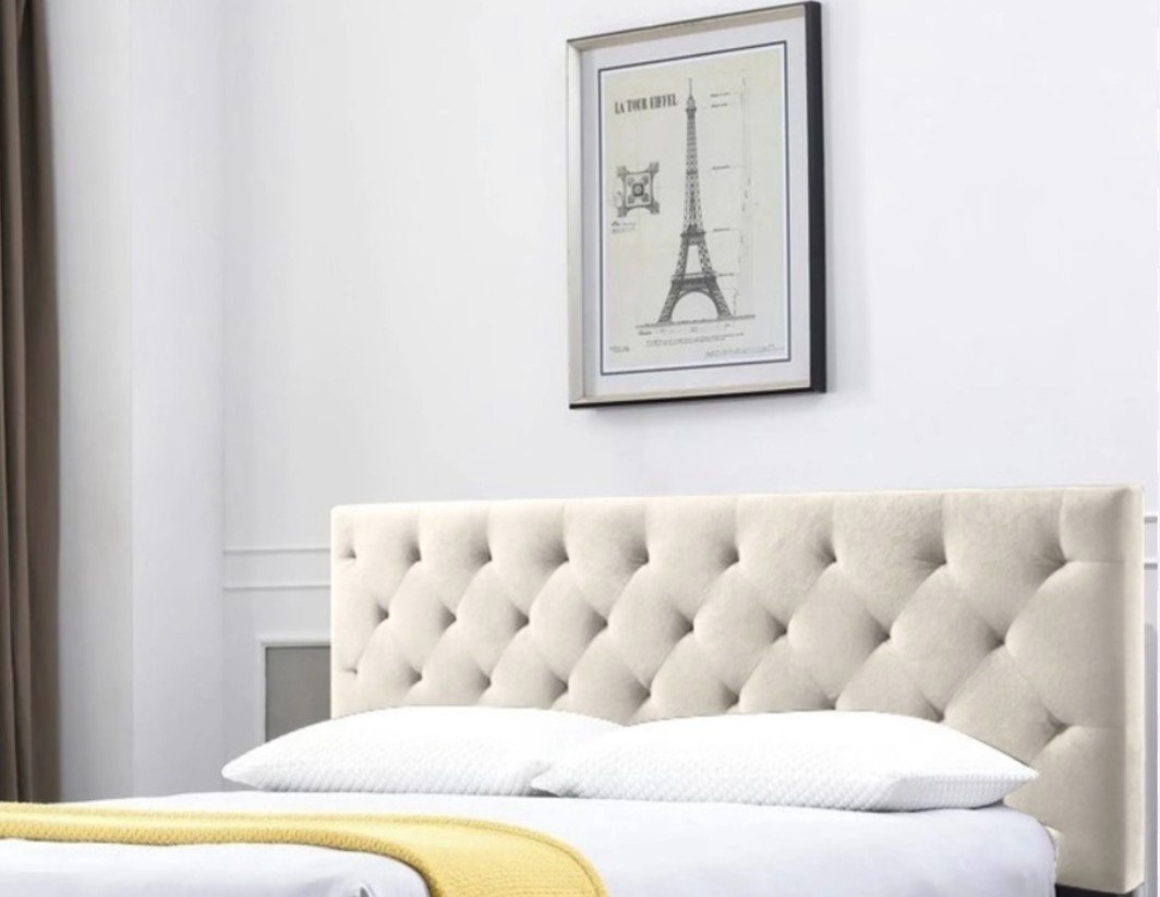 Condition photo showing New/Like New for belle isle furniture auburndale modern metal tufted rubberwood headboard king beige