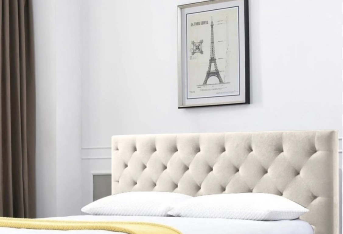 Condition photo showing New/Like New for belle isle furniture auburndale modern metal tufted rubberwood headboard king beige