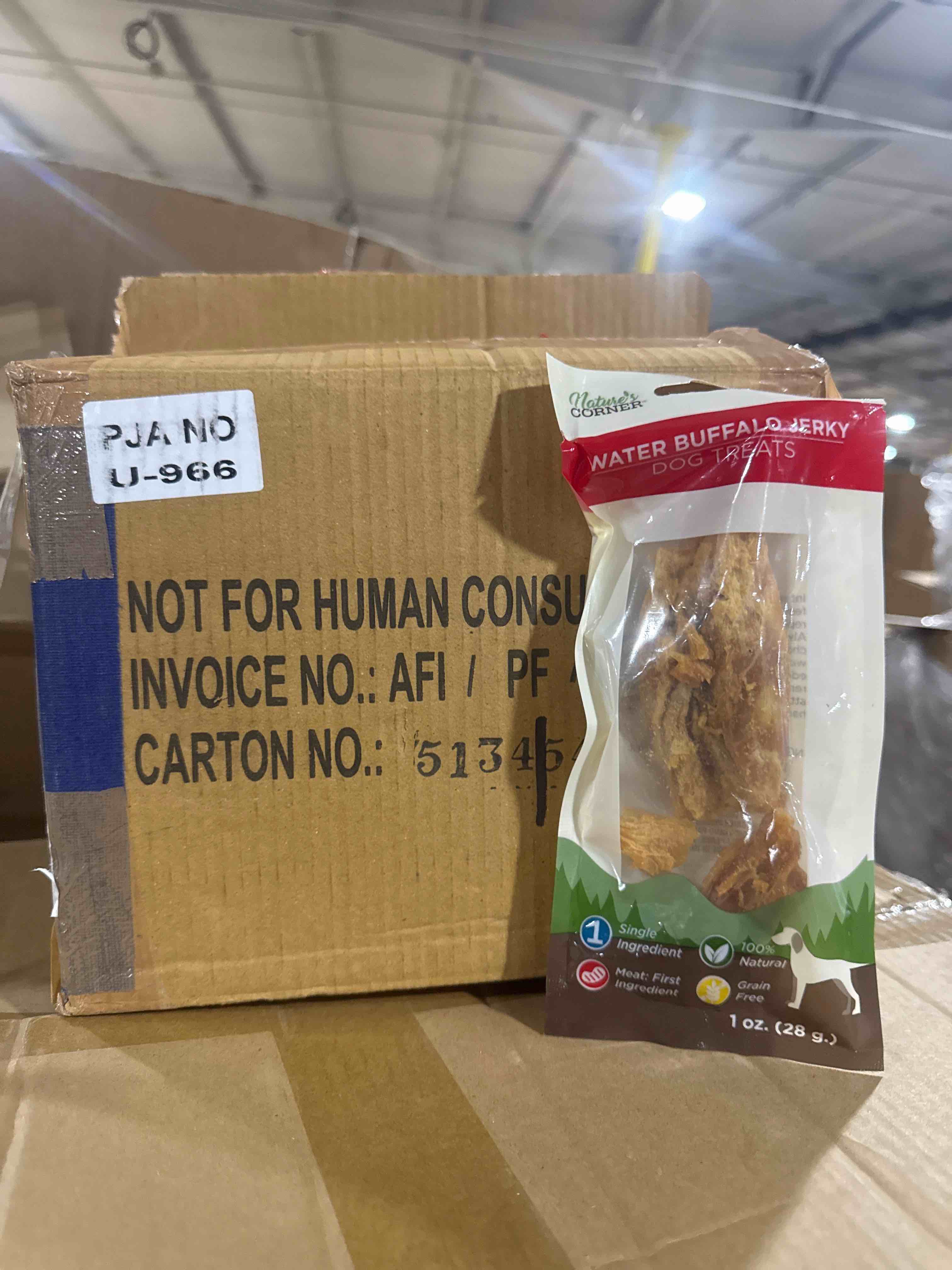 Condition photo showing New/Like New for case of 20 nature’s corner water buffalo jerky dog treats 1oz bb april 01- 2027