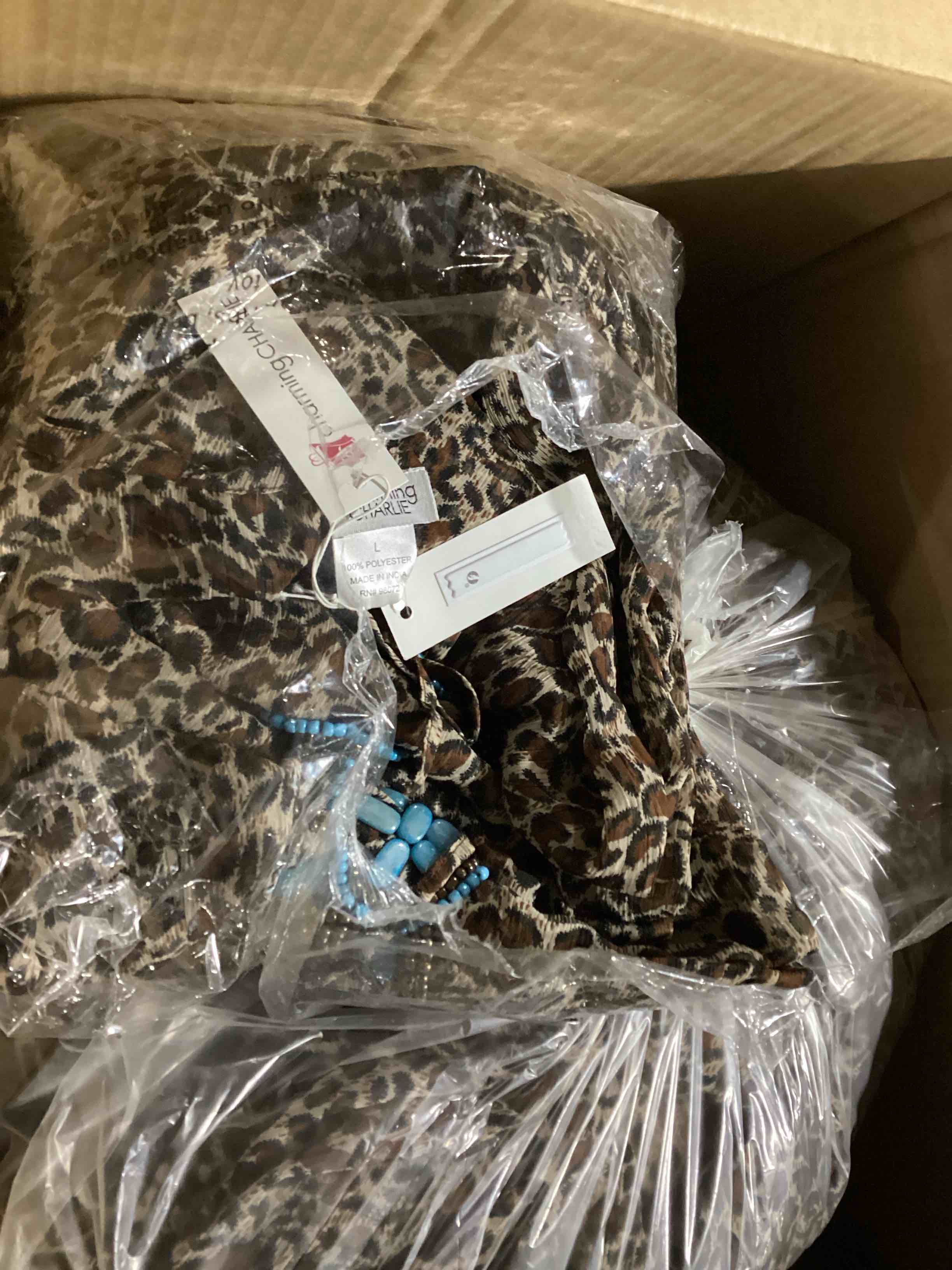 Condition photo showing New/Like New for case of 80 charming charlie tunic, classic leopard keyhole