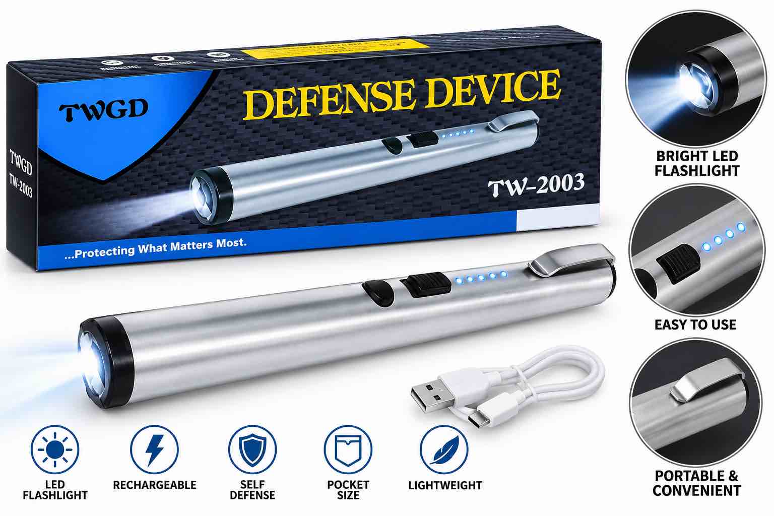 Rechargeable LED Defense Device with Flashlight - color varies 