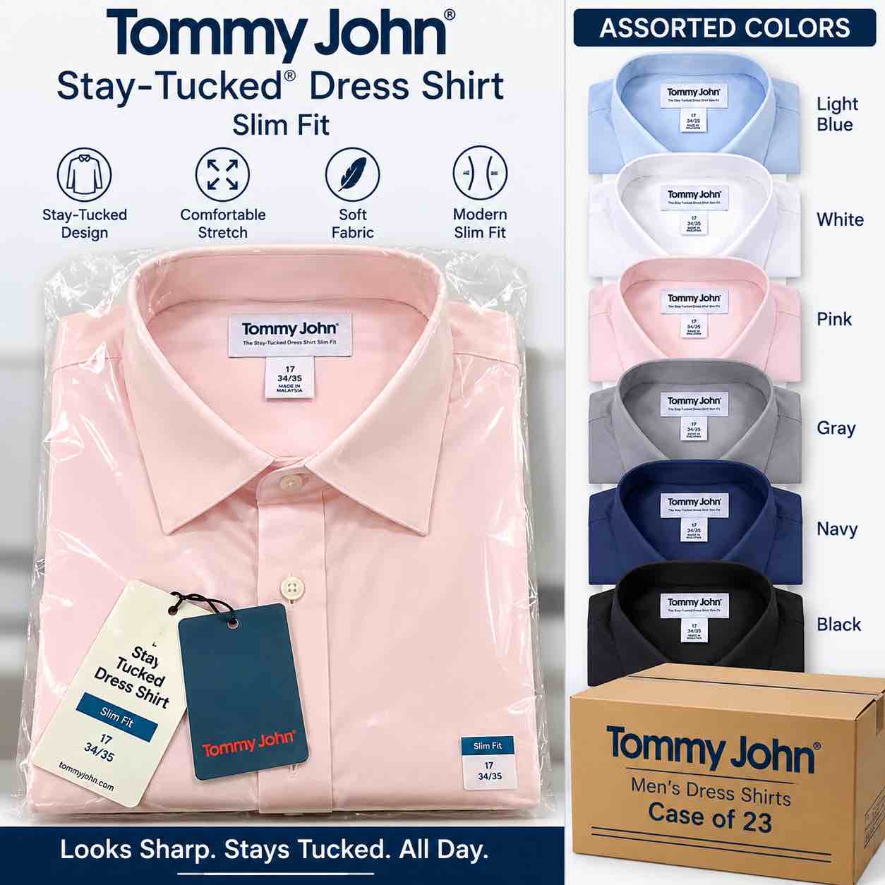 Case of assorted Tommy John Men’s Stay-Tucked Dress Shirt, Slim Fit