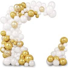 vellax ballon arch garland kit, white and gold. includes: 120 assorted ballons 100 pc glue dots 32 ft balloon ribbon 1 tying tool