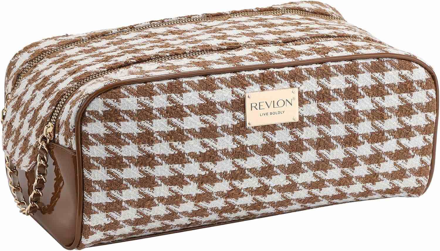 Revlon Tweed Makeup Bag - Small Makeup Pouch, Dual Zipper with Chain Makeup Case, Travel Makeup Organizer, Cosmetic Bag