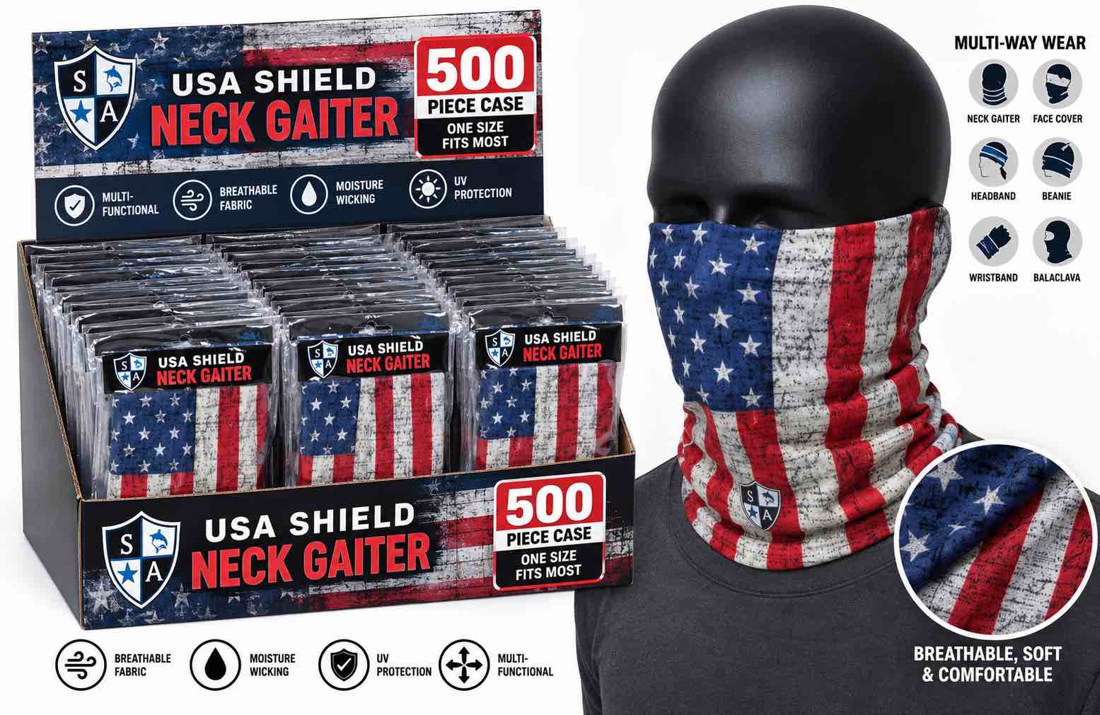 Case of 500 SA company face mask/ neck gaiter - American Flag 