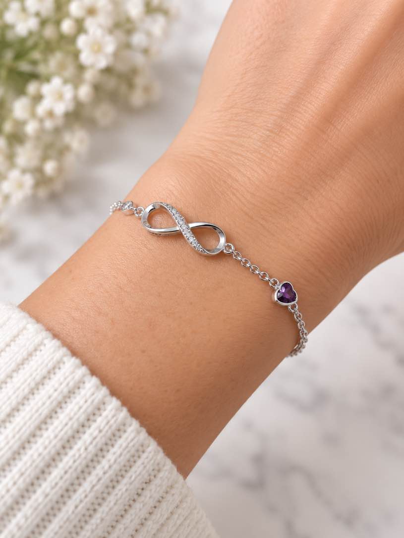 Silver Infinity & Purple Heart Charm Bracelet