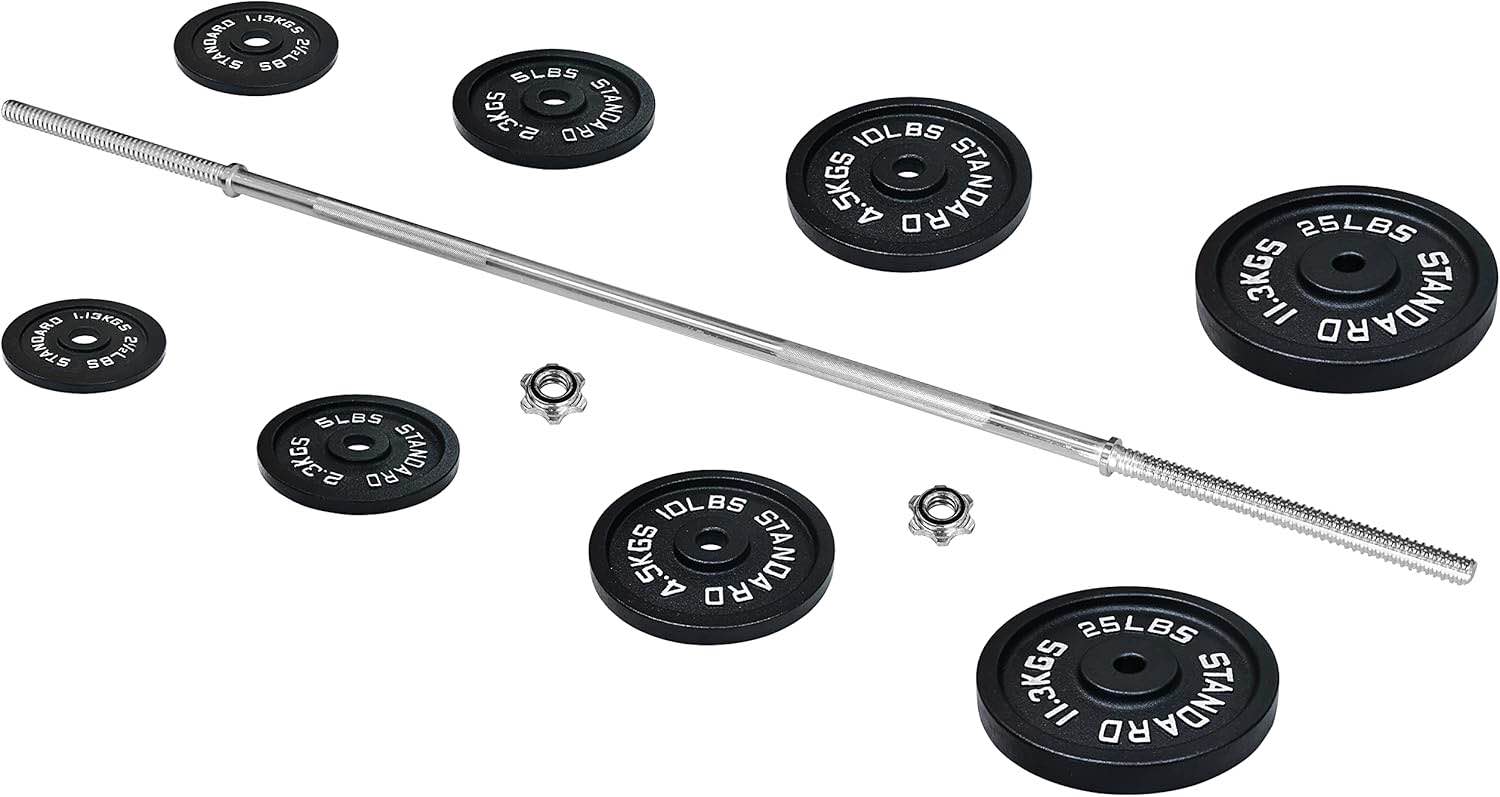 Condition photo showing New/Like New for signature fitness cast iron standard weight plates including 5ft standard barbell with star locks, 95-pound set (85 pounds plates + 10 pounds barbell), multiple styles