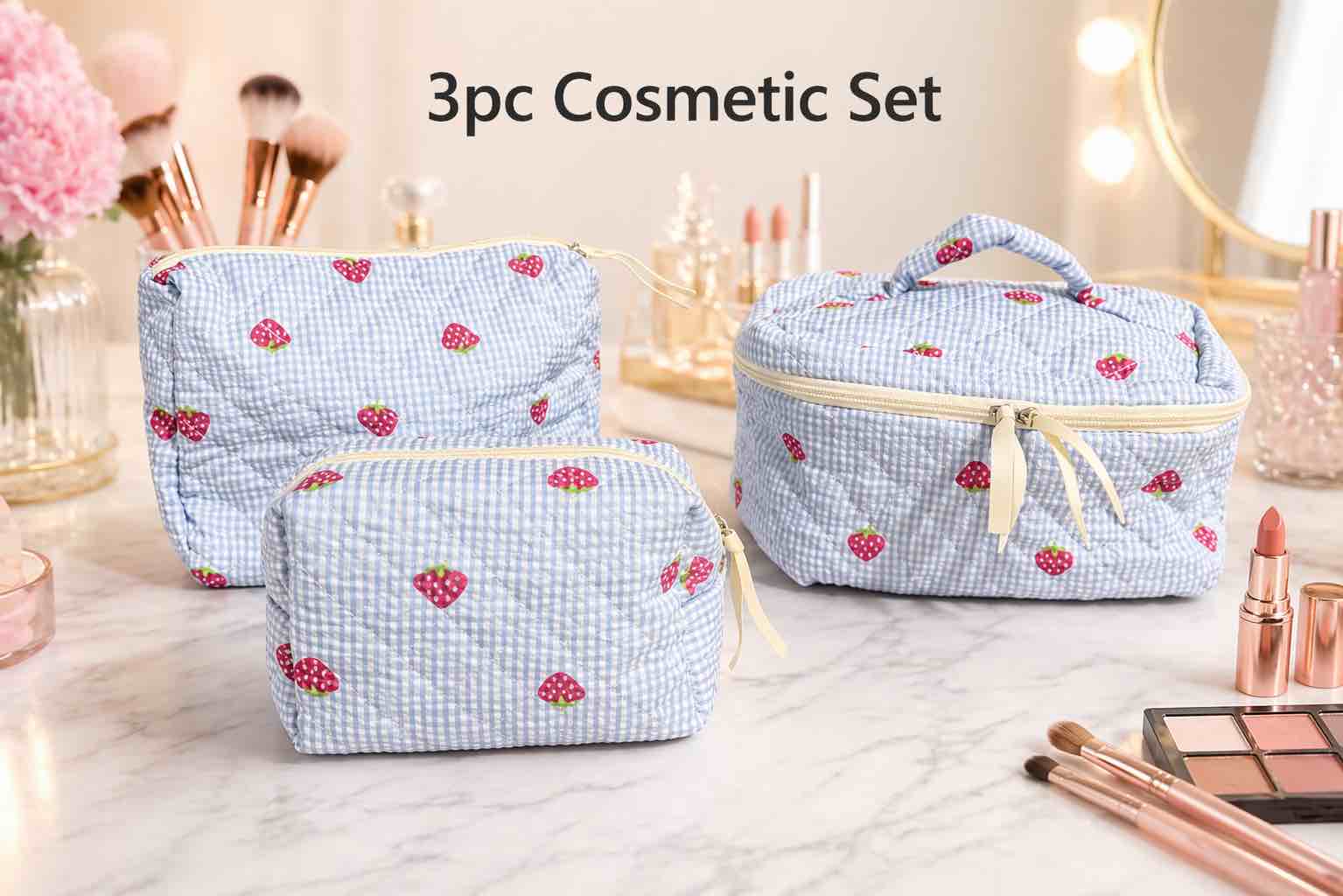 3 piece travel, cosmetic bag, blue strawberry