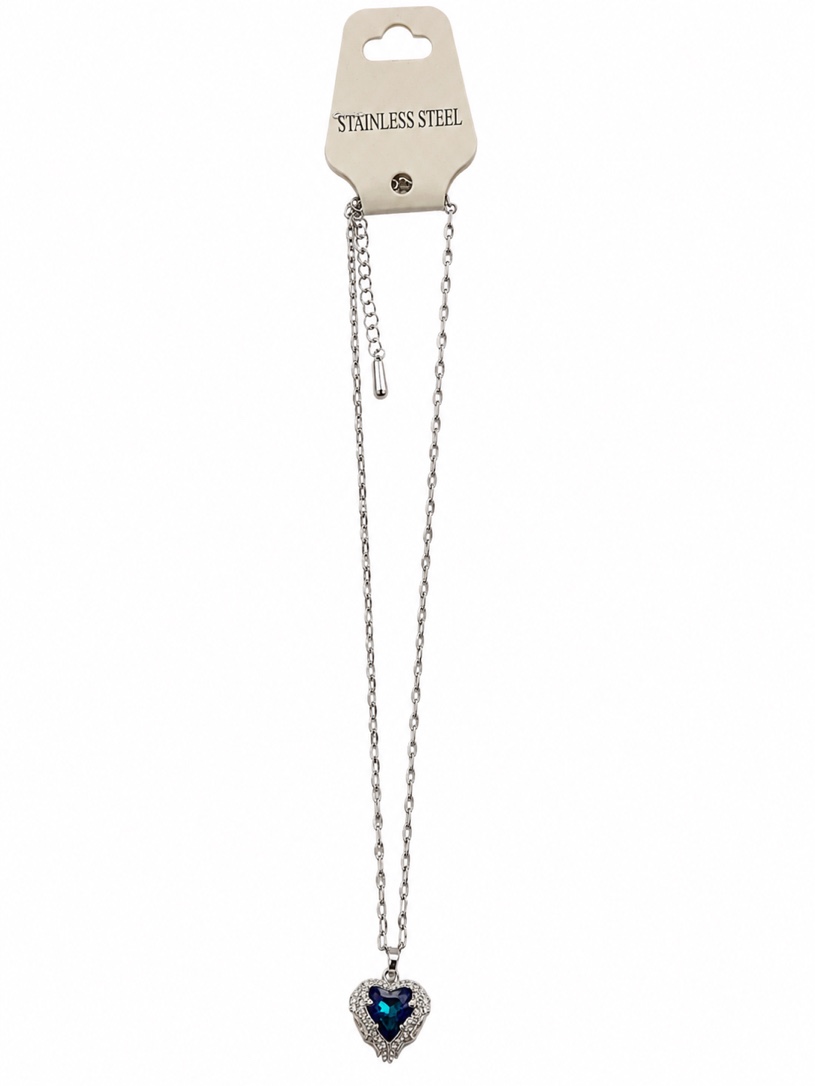 Condition photo showing Brand New for delicate and elegant, this stainless steel necklace features a sparkling heart-shaped blue gemstone pendant accented with shimmering rhinestones for a timeless look.