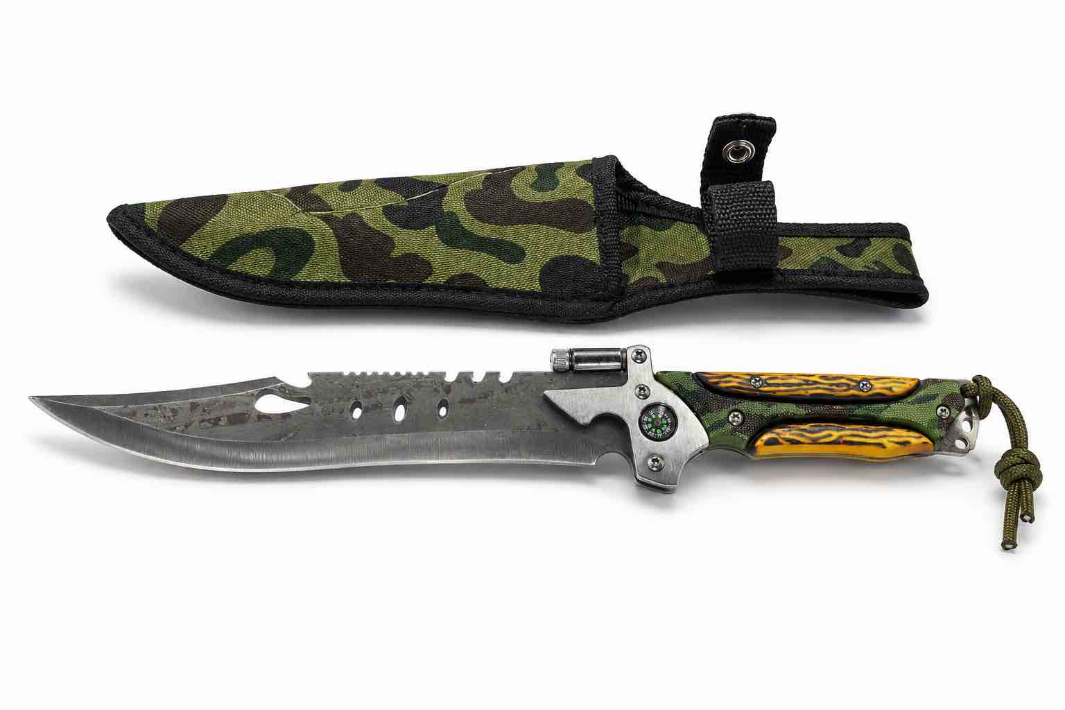 rugged tactical knife featuring a sharp stainless steel blade with Cerreta detailing, camouflage handle accents, built-in compass and matching camo. She perfect for camping, hiking fishing and outdoor adventures.