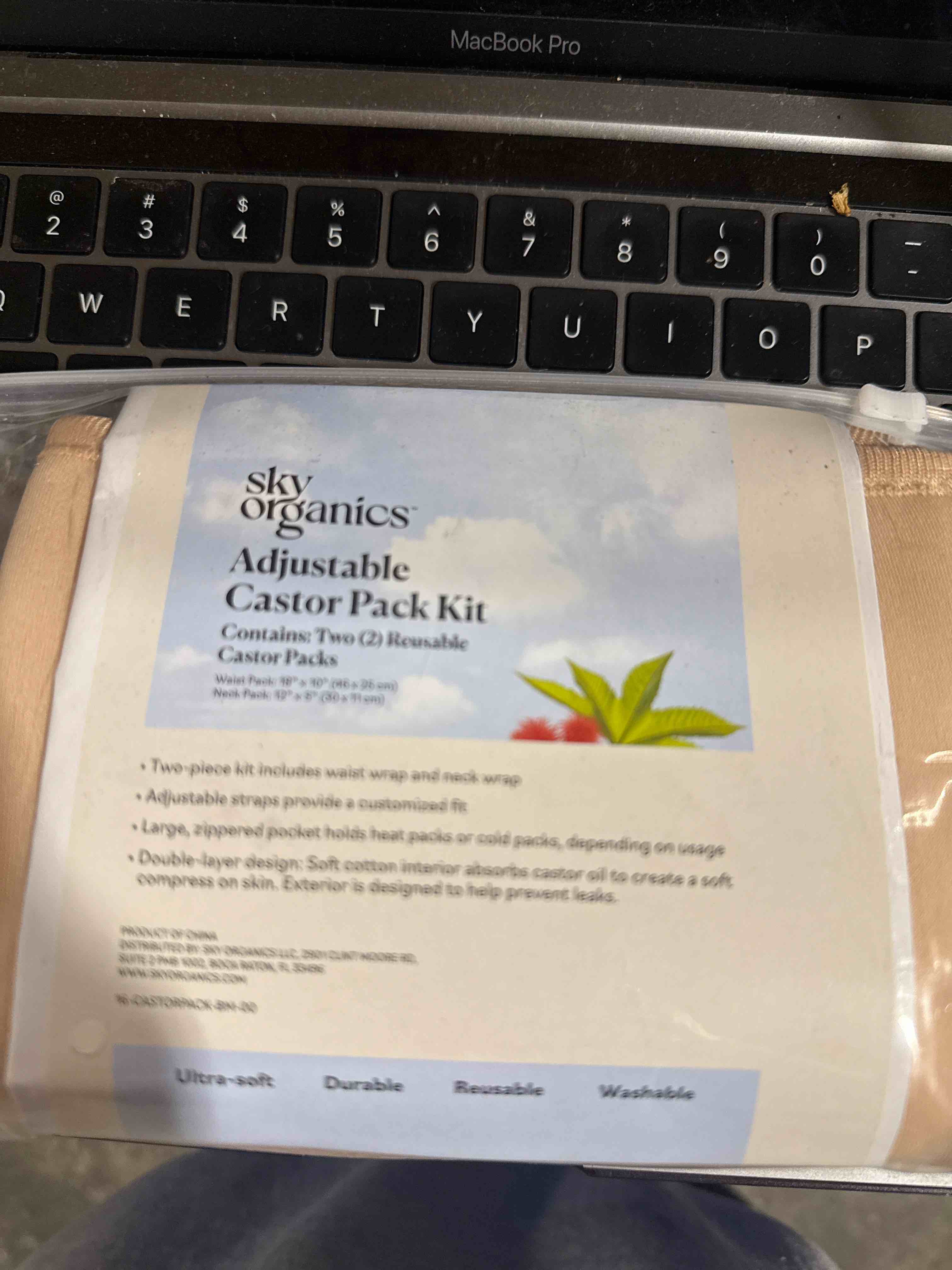 Condition photo showing Brand New for sky organics 2 pack adjustable caster pack. kit contains two reusable castor packs, one for waist one for neck.