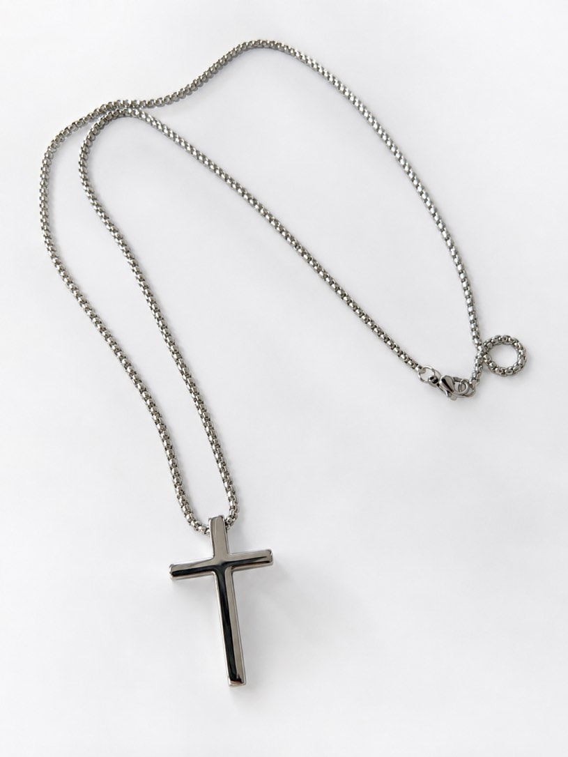 Condition photo showing Brand New for a sleek polished silver cross pendant necklace with a timeless minimalist design, perfect for everyday wear