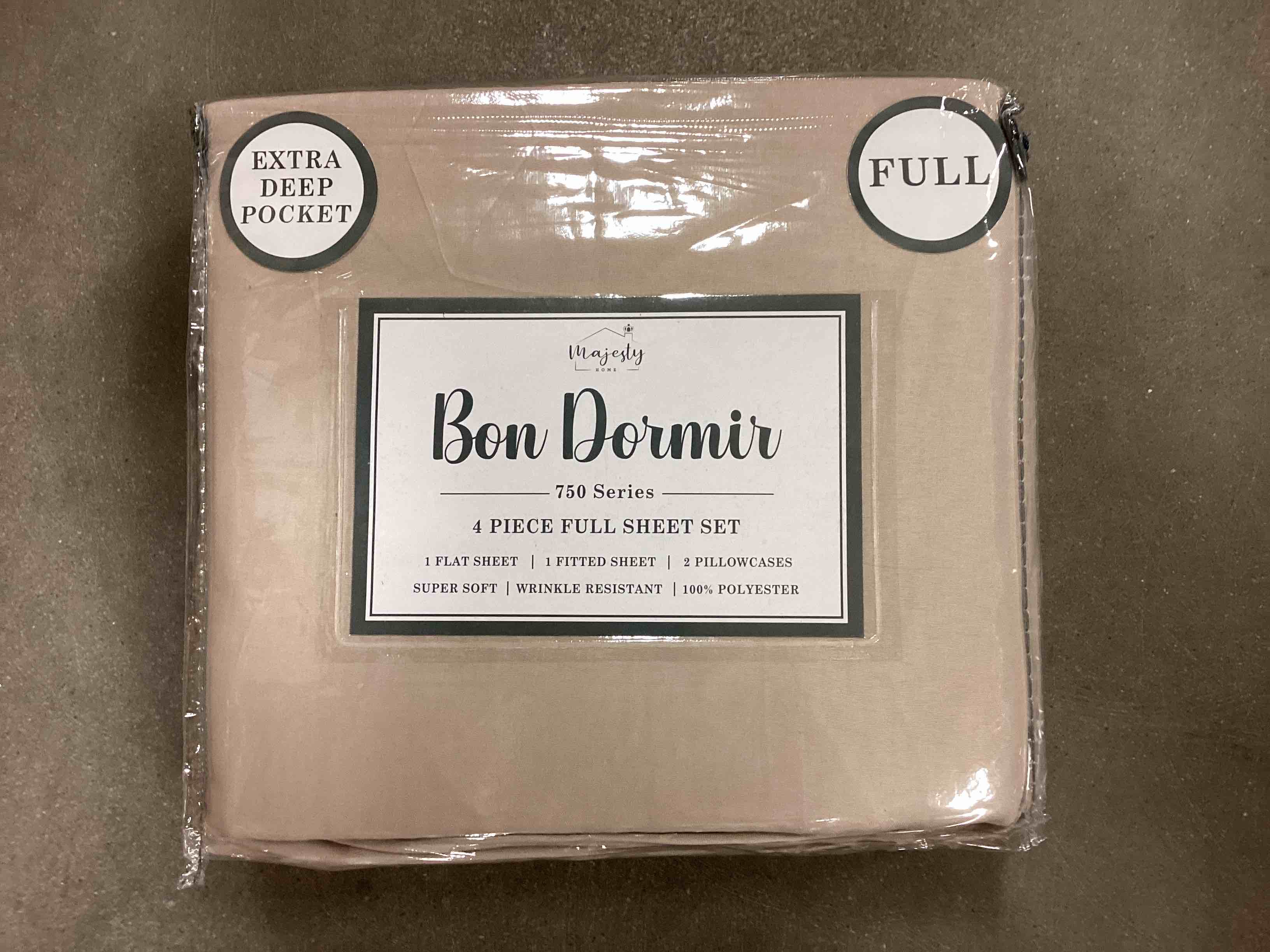 full size 4 piece sheet set with deep pockets, tan 