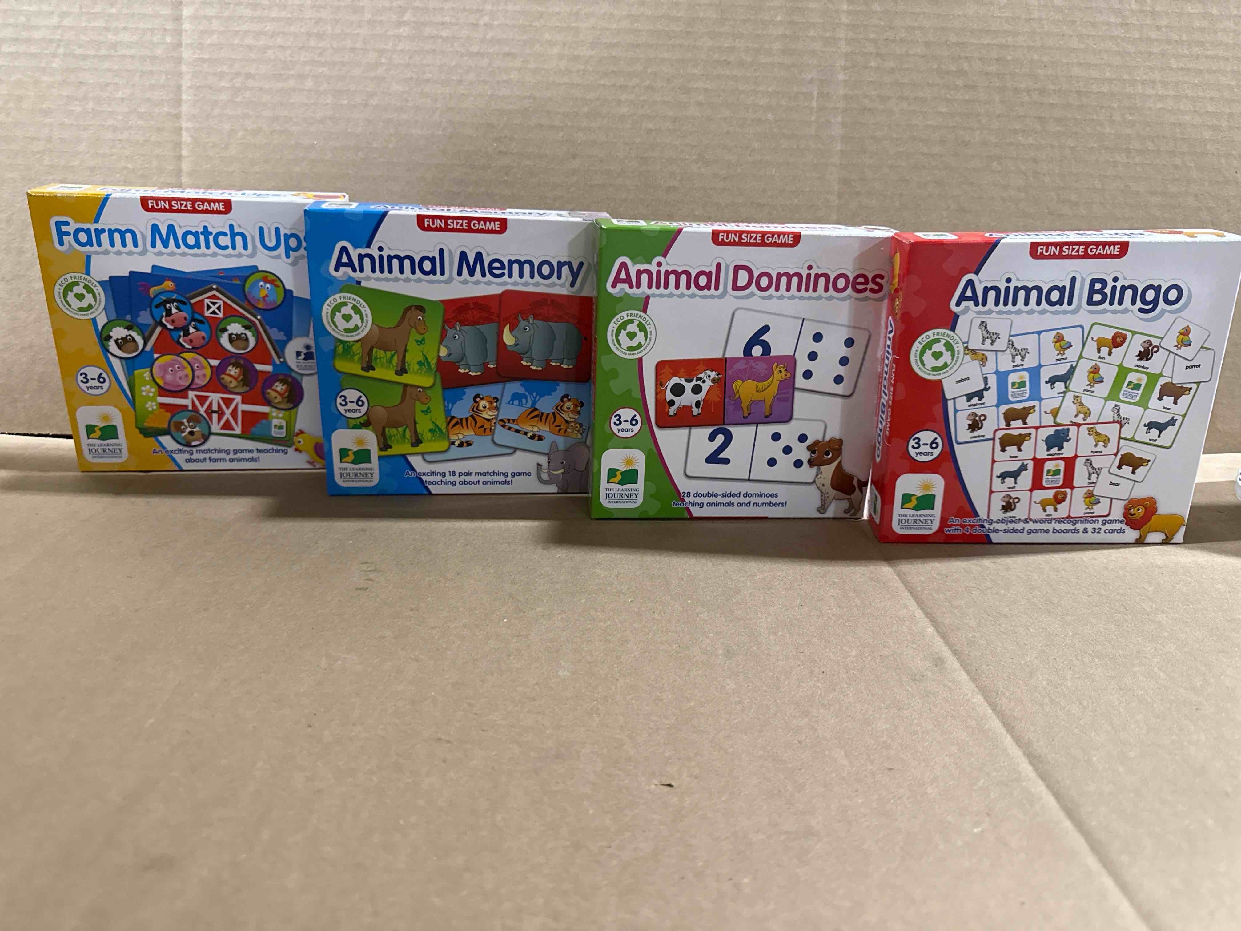 Condition photo showing Brand New for Set of 4 Fun Size Games: Farm Match Ups, Animal Memory, Animal Dominos & Animal Bingo