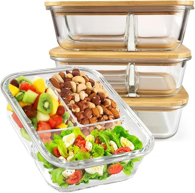 HOMEARRAY 3-Compartment Glass Food Storage Containers with Lids for Lunch Storage, Glass Bento Box Set with Airtight Bamboo Lids - Great Mel Prep Containers for Lunch & Portion Control, 3 Pack, 31.5oz