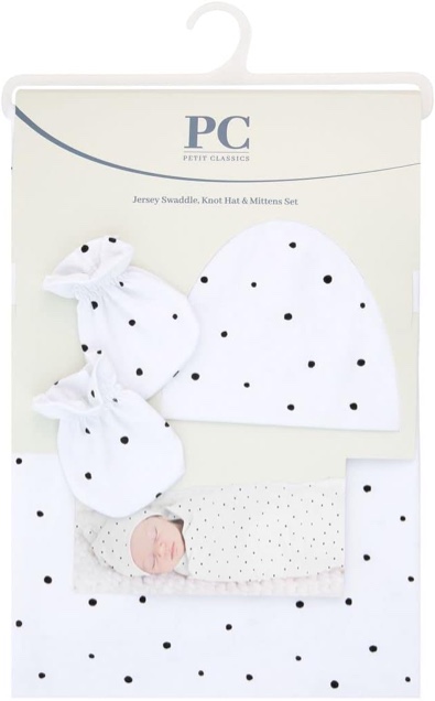 Petit Classics, Jersey Cotton Swaddle Blanket With Matching Knot Hat and Mittens, Black Dots 0-3 Months