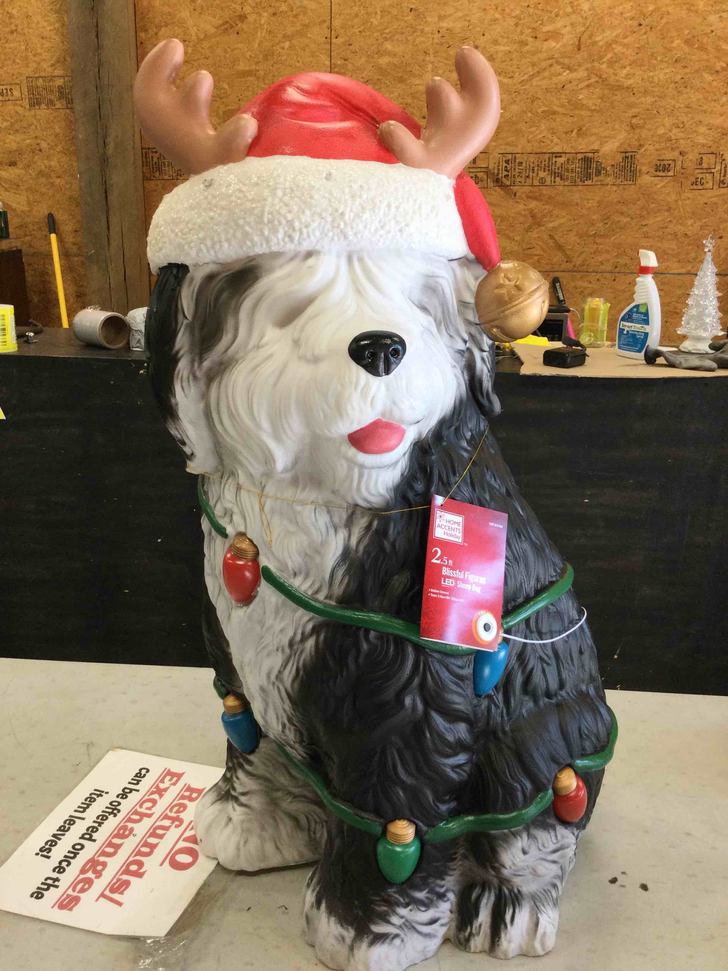 Christmas Lighted Blow Mold 30" Sheepdog with Gift Bag - 2.5 Foot Tall Pre-Lit LED Blow Molded Plastic Dog Sculpture for Indoor & Outdoor Xmas Home Door Yard Decor