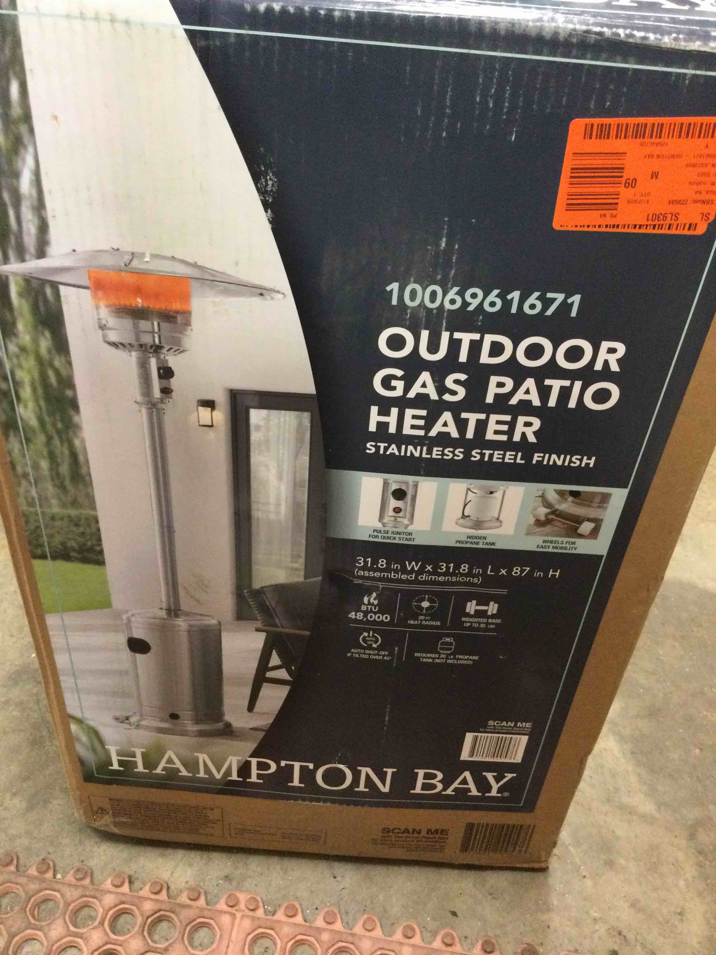 Hampton Bay 48000 BTU Stainless Steel Propane Standing Patio Heater with Wheels, Silver