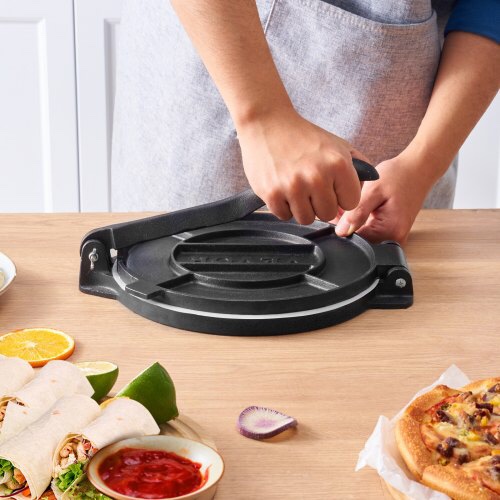 10in. Cast Iron Tortilla Press, Tortilla and Roti Maker with Pre-Seasoned Paracone Maker with 100-Piece Tawa, Black